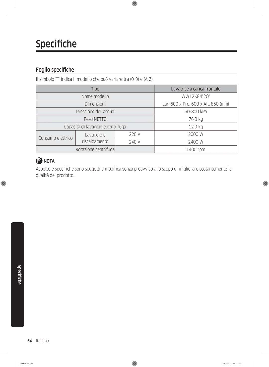 Samsung WW12K8402OW/ET manual Foglio specifiche 