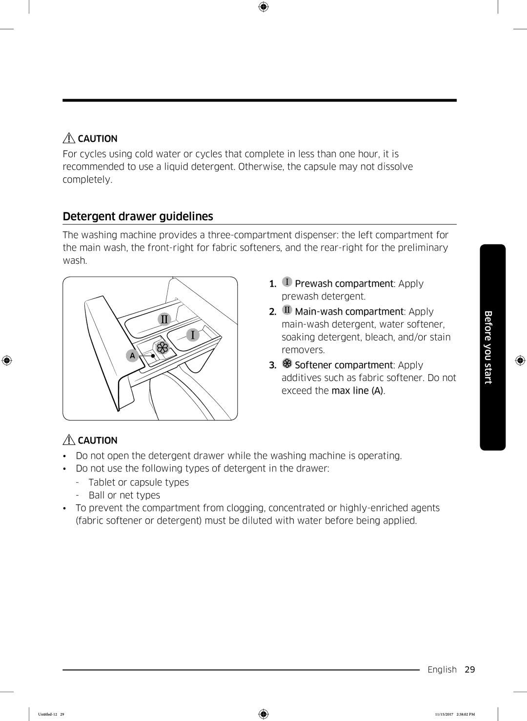 Samsung WW12K8402OW/WS manual Detergent drawer guidelines 