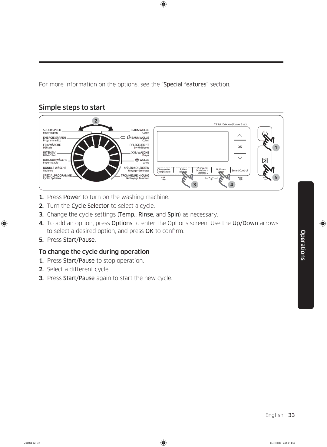 Samsung WW12K8402OW/WS manual Simple steps to start, To change the cycle during operation 