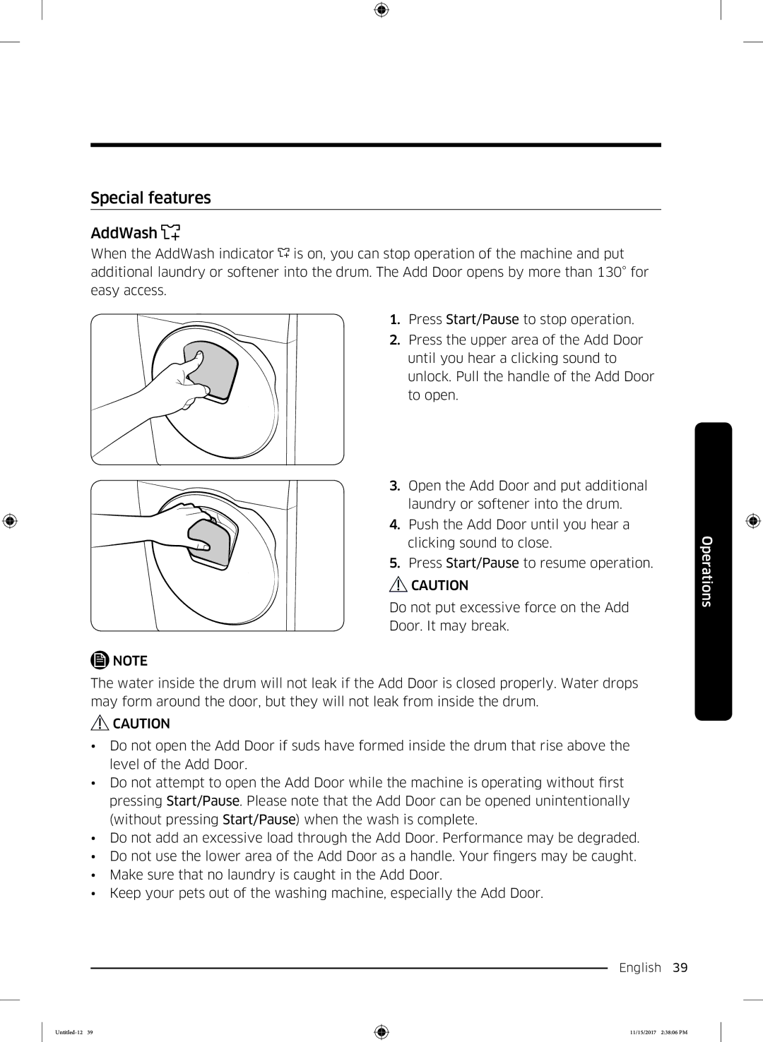 Samsung WW12K8402OW/WS manual Special features, AddWash 