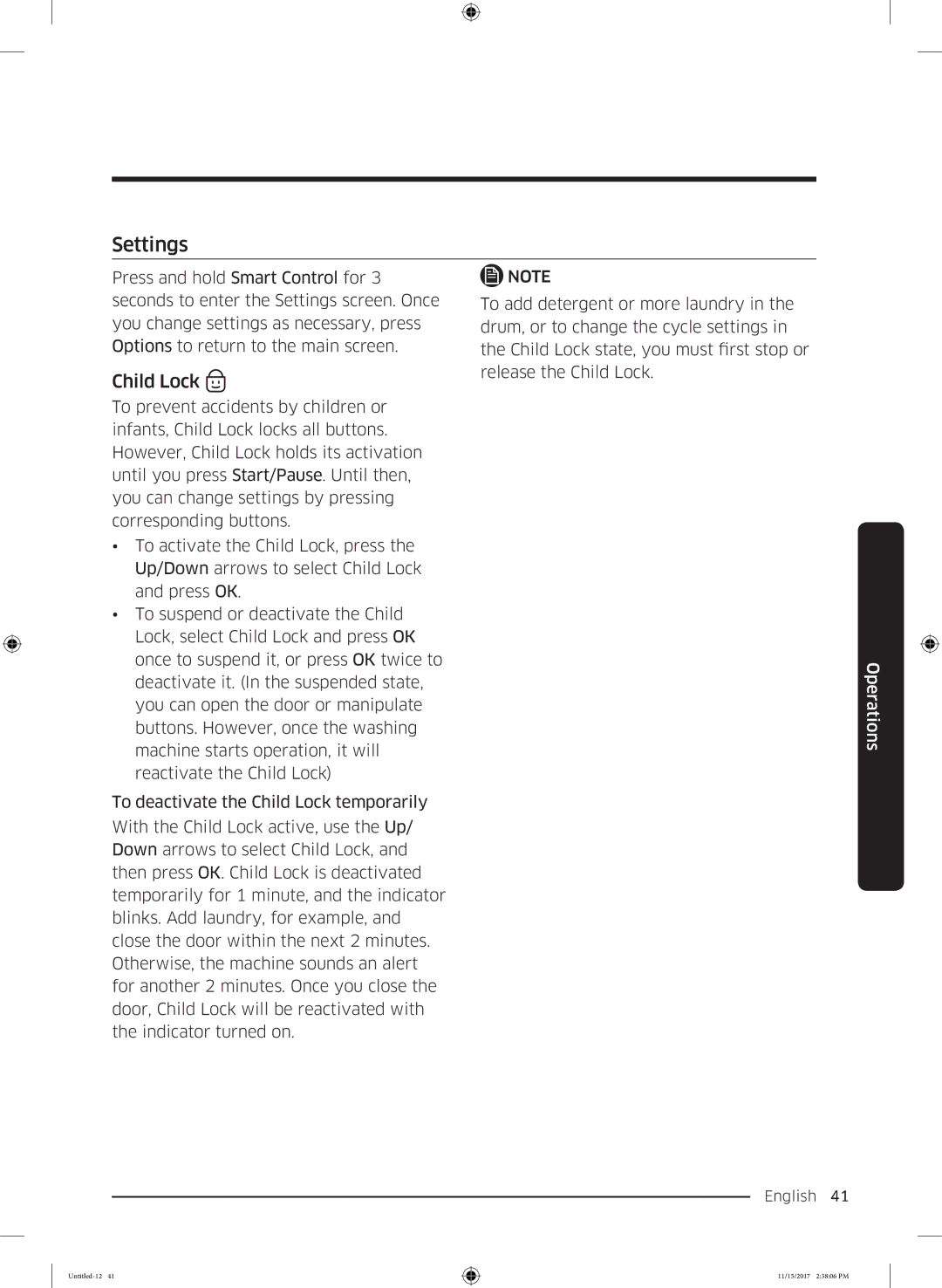 Samsung WW12K8402OW/WS manual Settings, Child Lock 