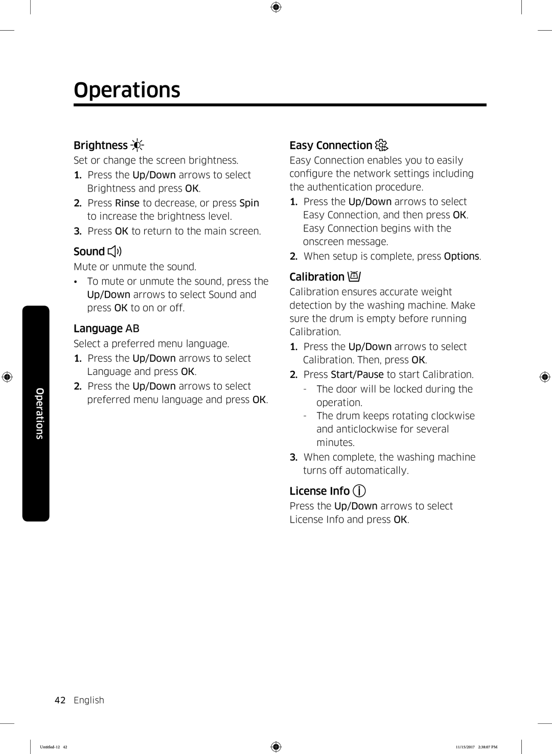 Samsung WW12K8402OW/WS manual Brightness, Sound, Language, Easy Connection, Calibration, License Info 