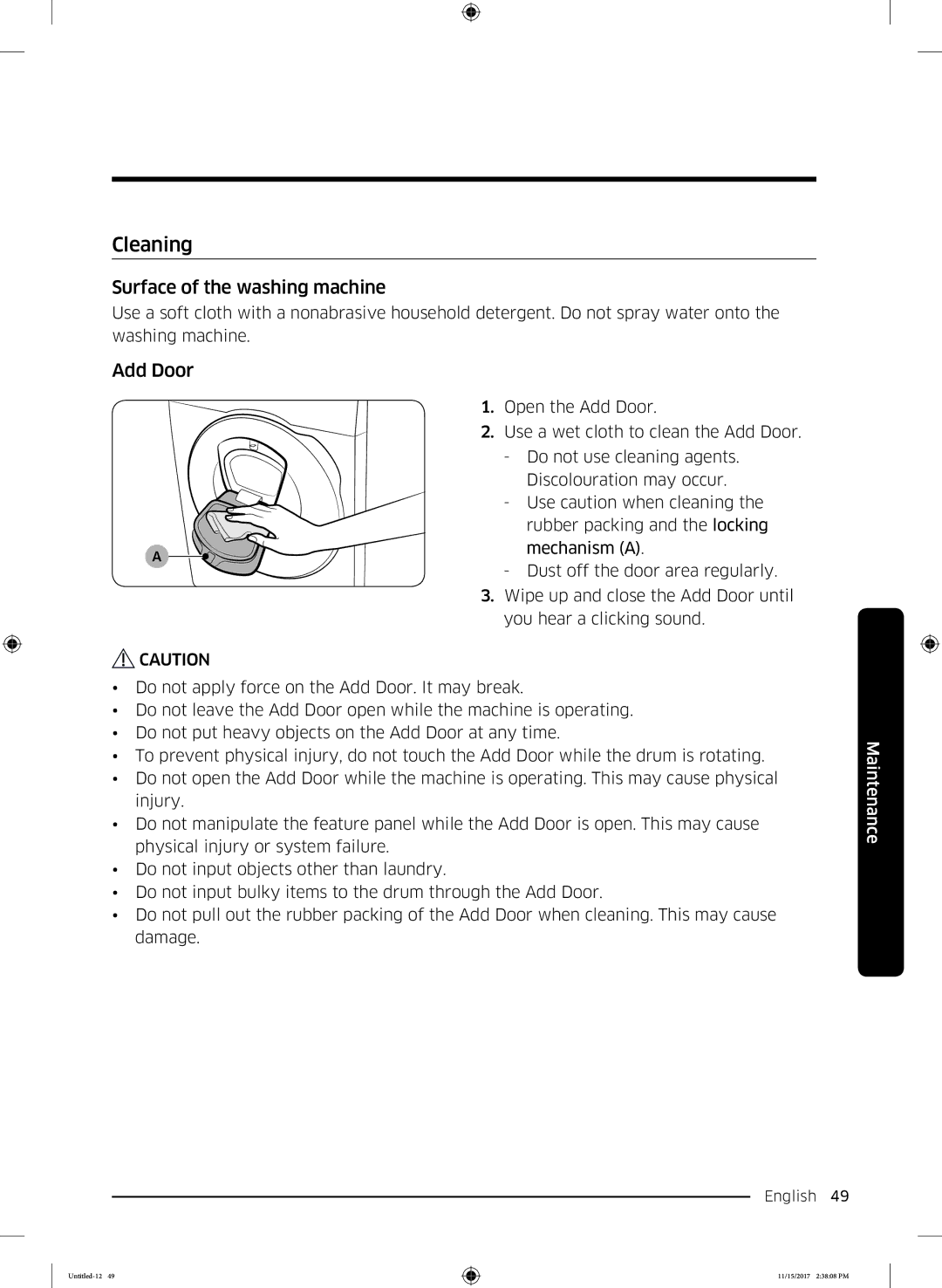 Samsung WW12K8402OW/WS manual Cleaning, Surface of the washing machine, Add Door 