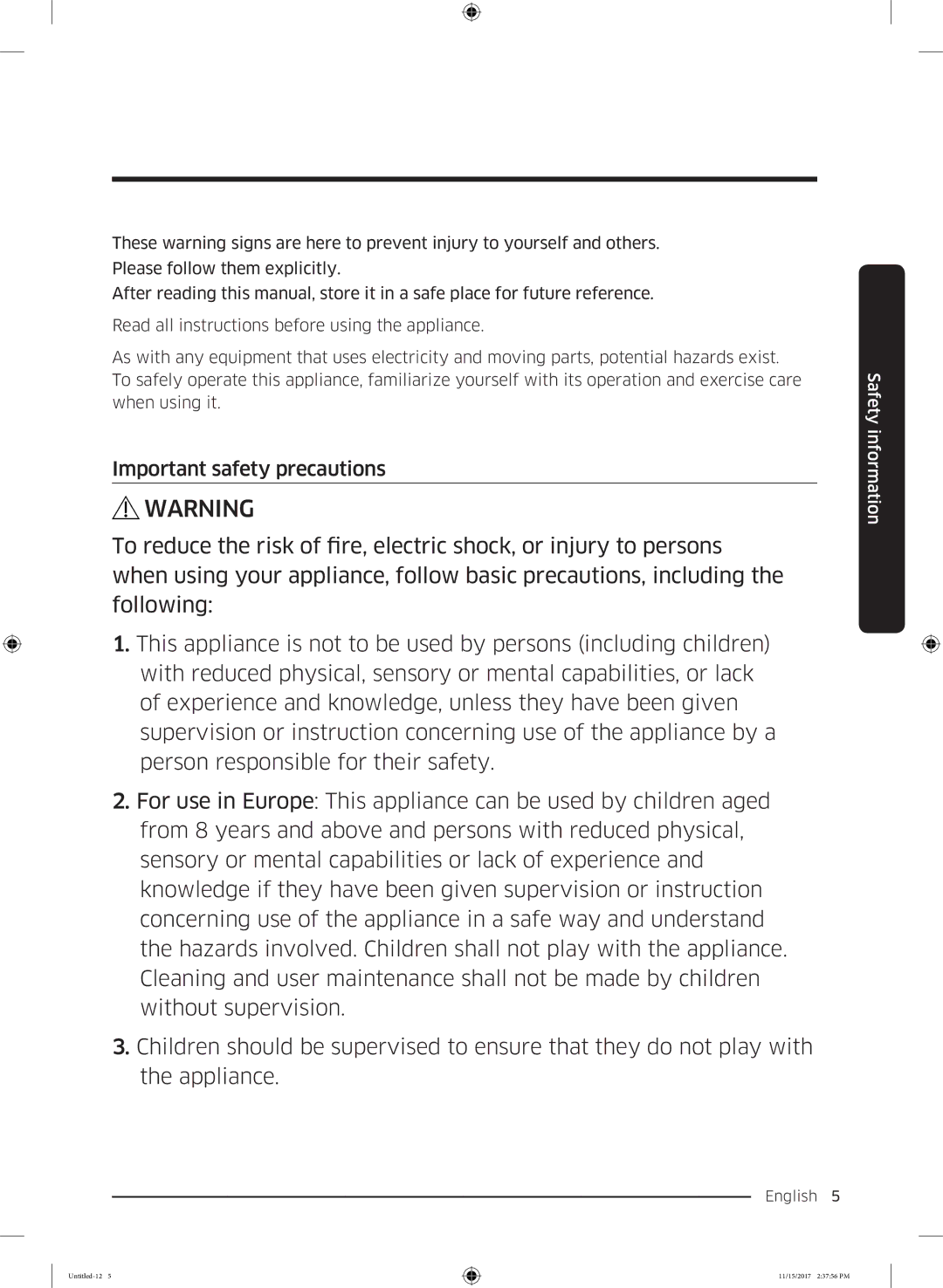 Samsung WW12K8402OW/WS manual Important safety precautions 