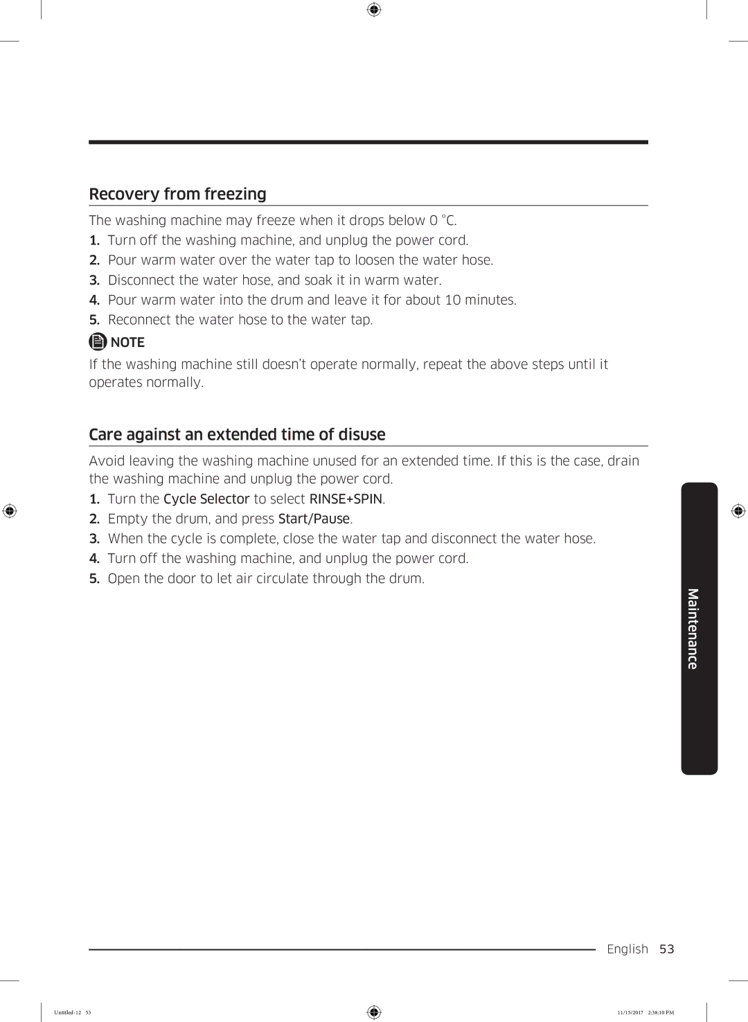 Samsung WW12K8402OW/WS manual Recovery from freezing, Care against an extended time of disuse 