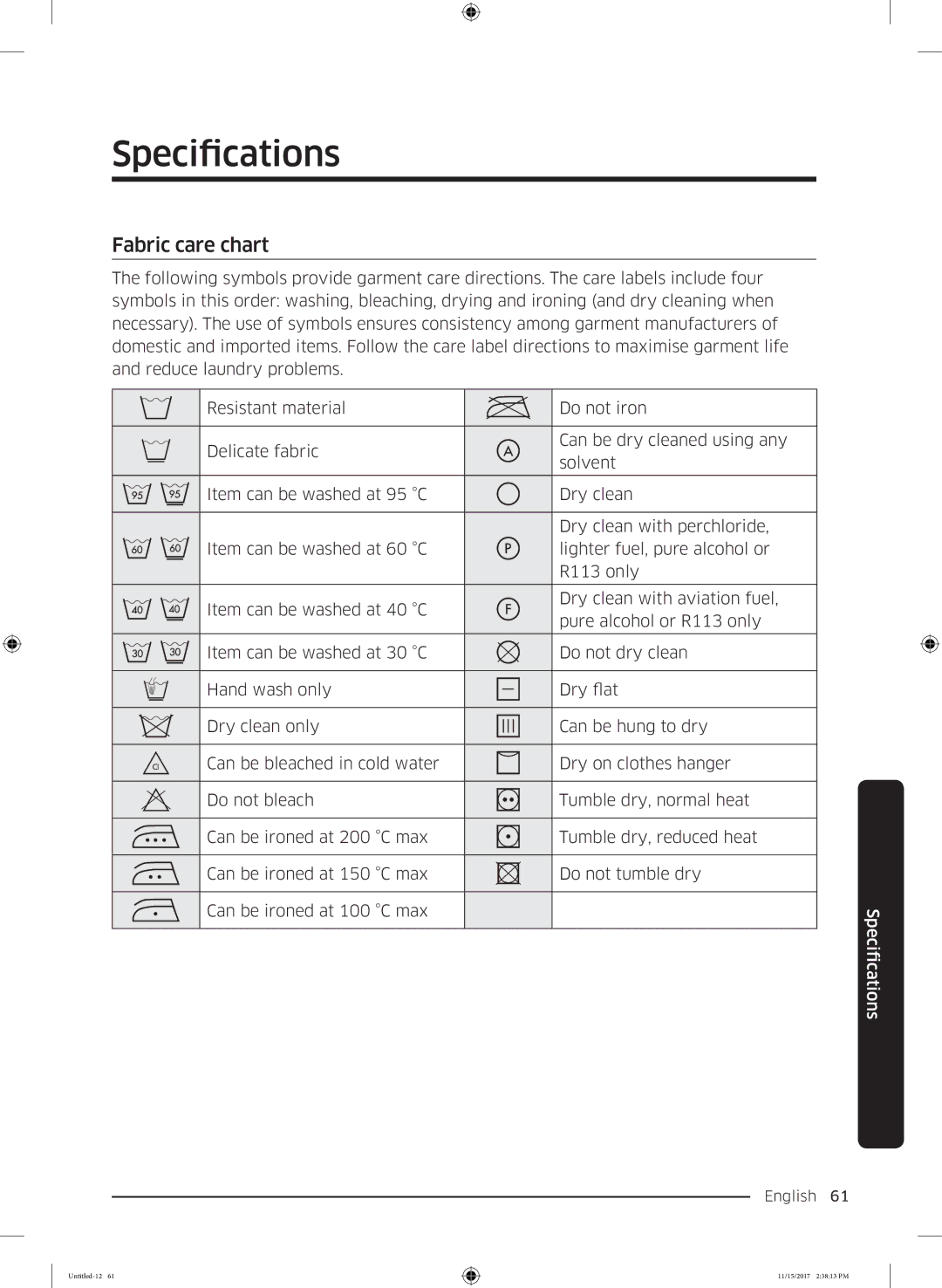 Samsung WW12K8402OW/WS manual Specifications, Fabric care chart 