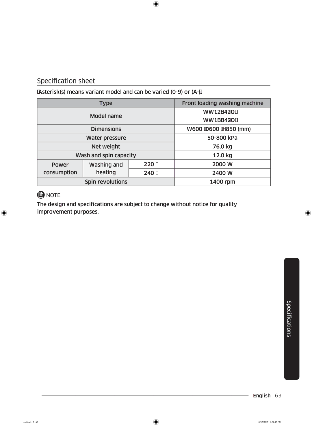 Samsung WW12K8402OW/WS manual Specification sheet 