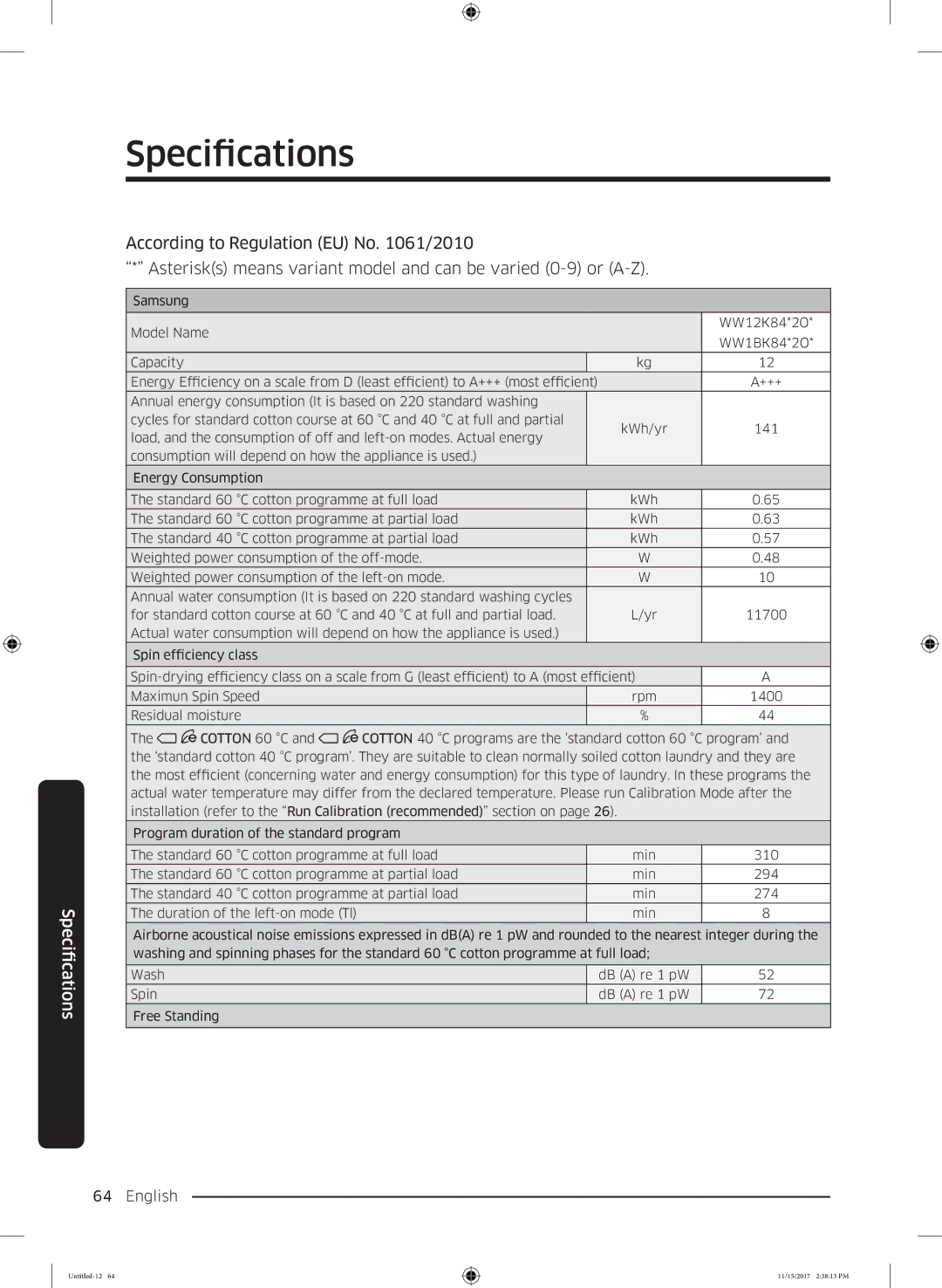 Samsung WW12K8402OW/WS manual Specifications 