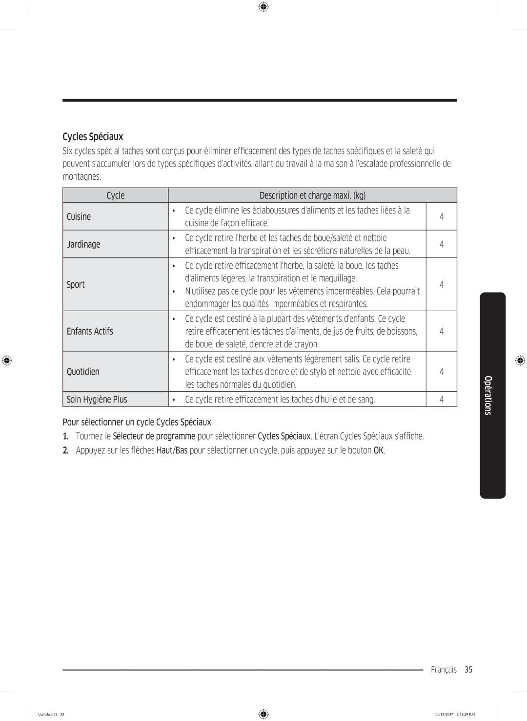 Samsung WW12K8402OW/WS manual Cycles Spéciaux 