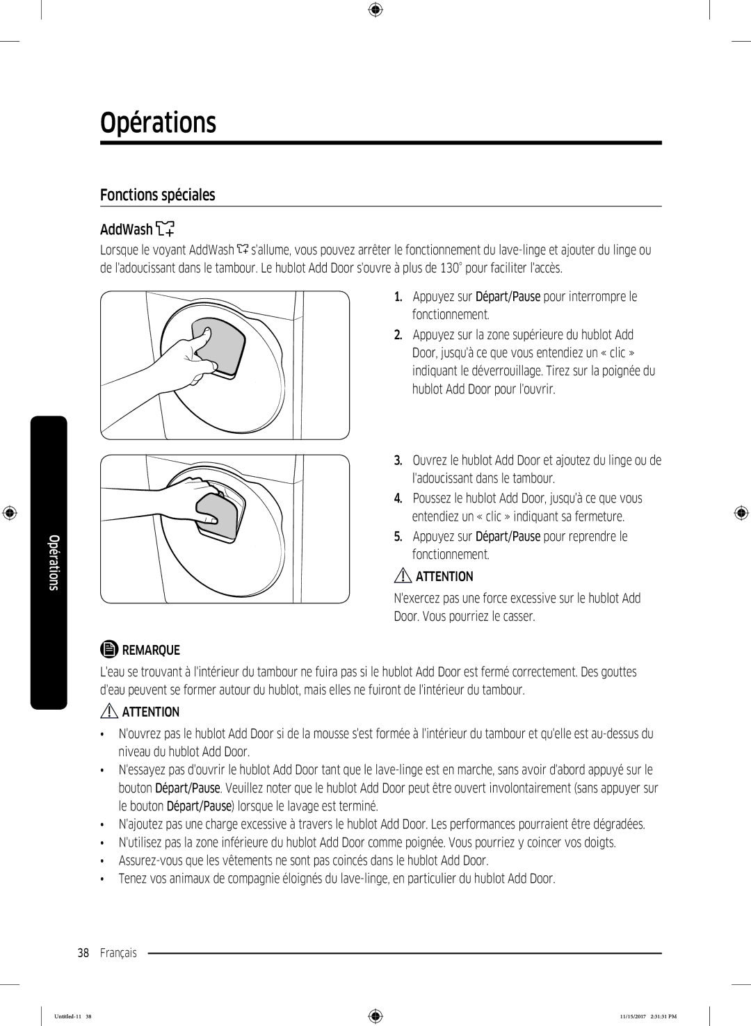 Samsung WW12K8402OW/WS manual Fonctions spéciales, AddWash 