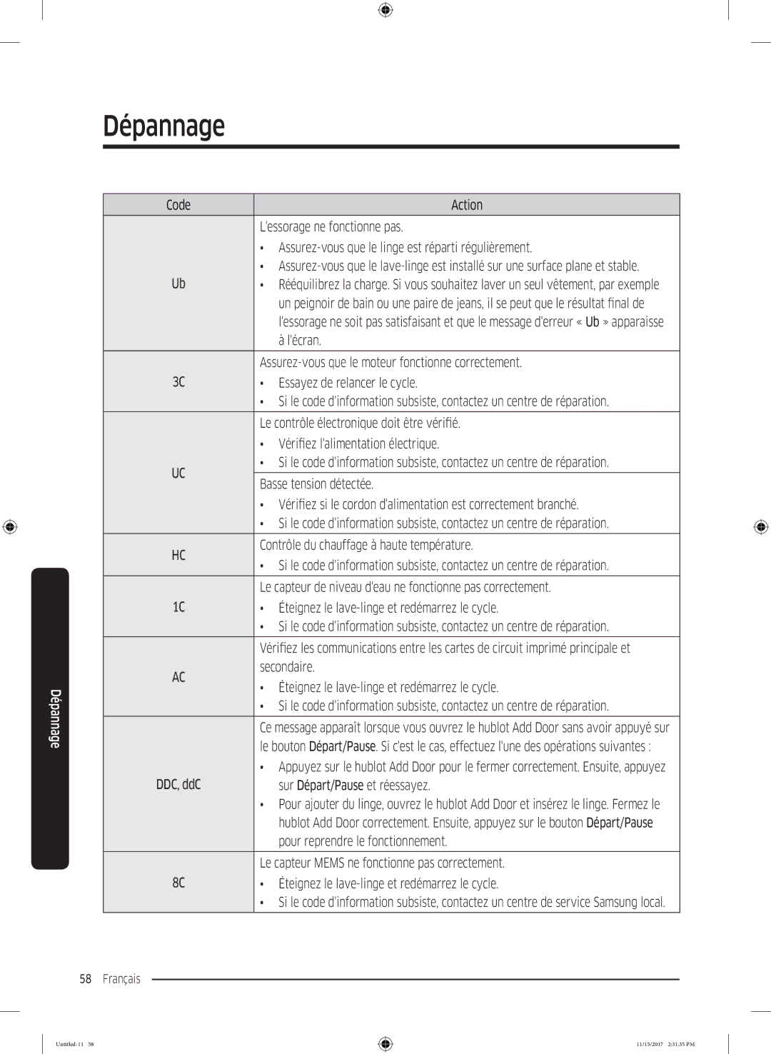 Samsung WW12K8402OW/WS manual Lessorage ne fonctionne pas, Assurez-vous que le linge est réparti régulièrement, Lécran 