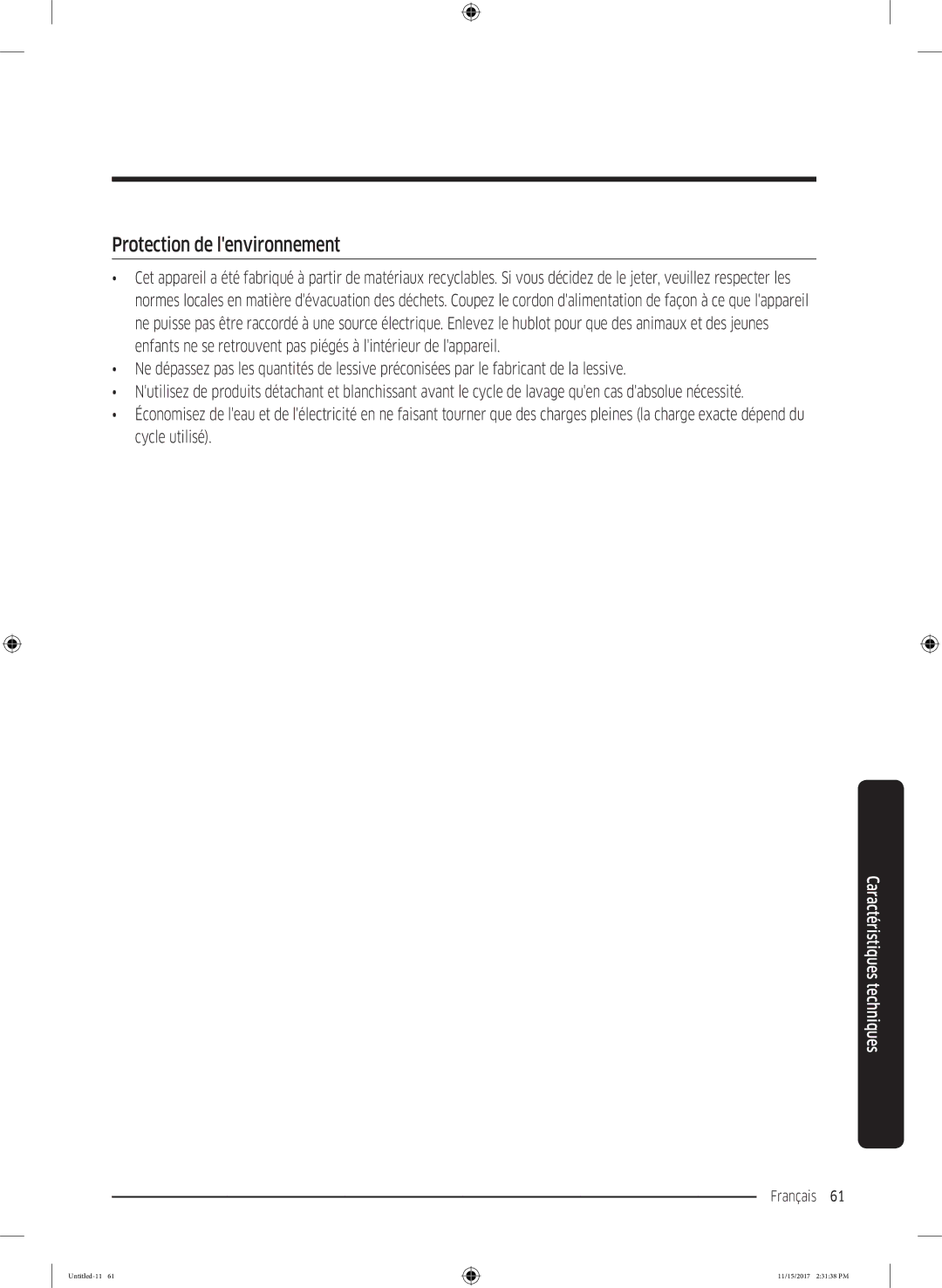 Samsung WW12K8402OW/WS manual Protection de lenvironnement 