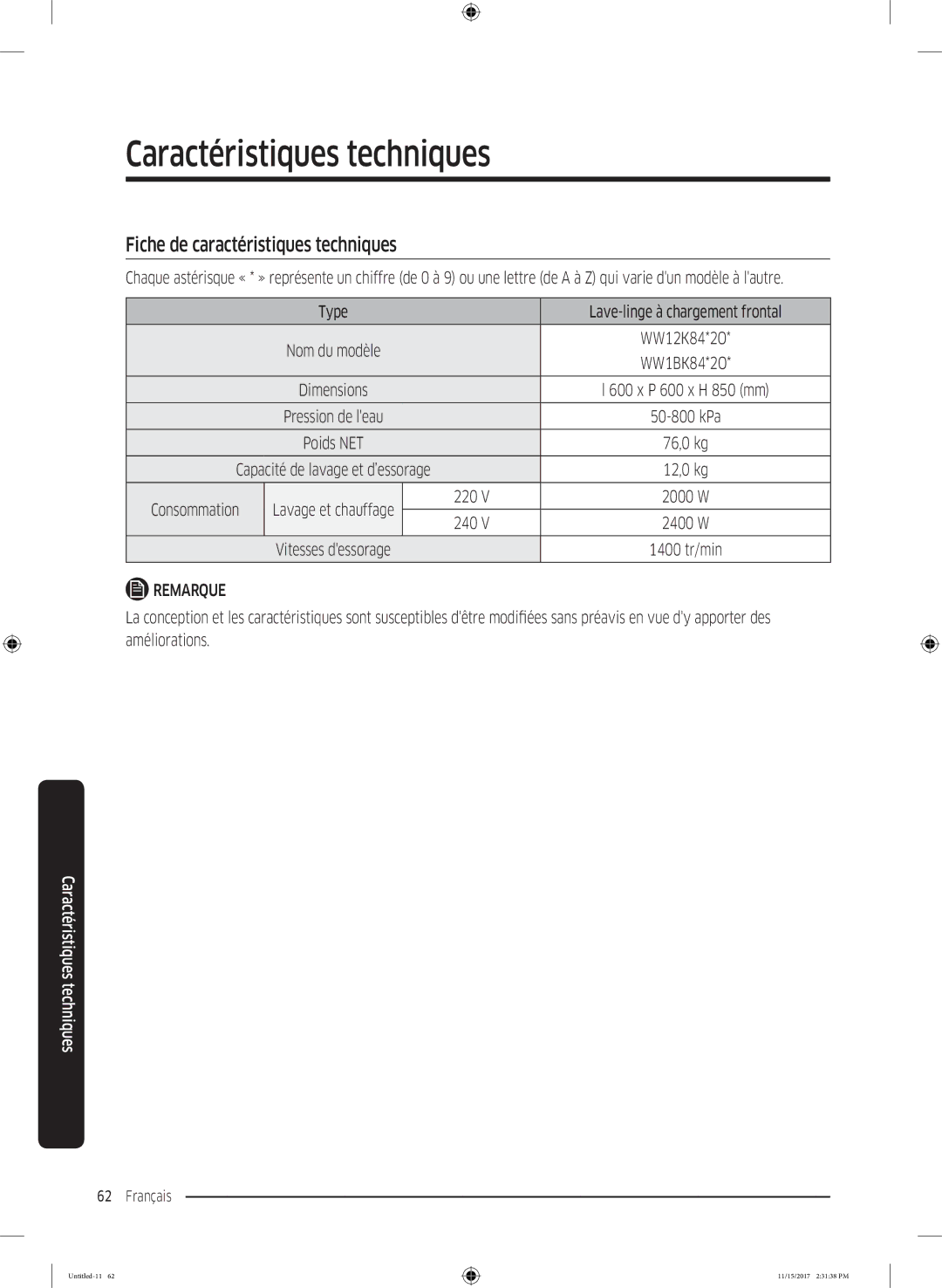 Samsung WW12K8402OW/WS manual Fiche de caractéristiques techniques, Consommation 