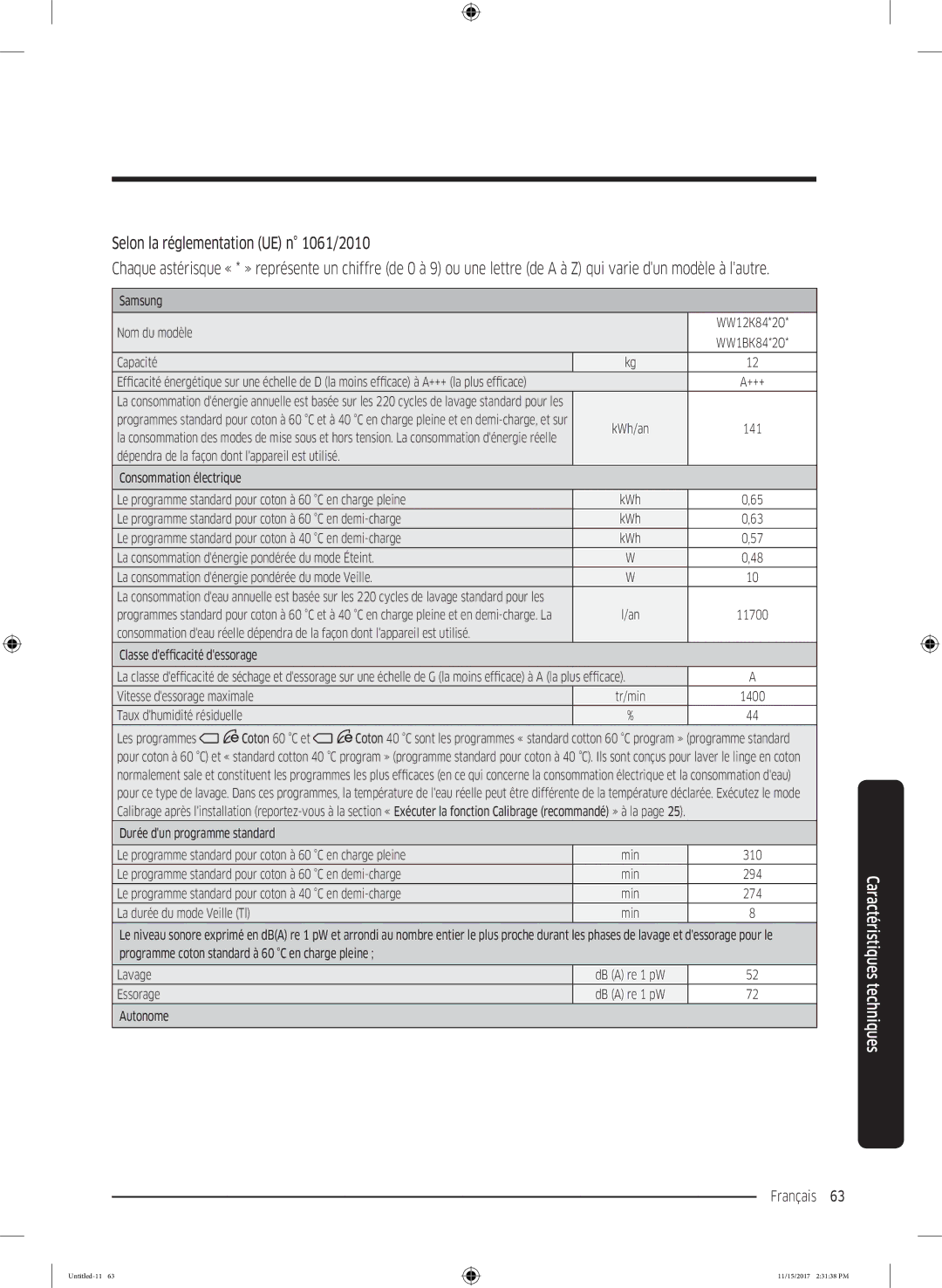 Samsung WW12K8402OW/WS manual Selon la réglementation UE n 1061/2010, +++ la plus efficace 