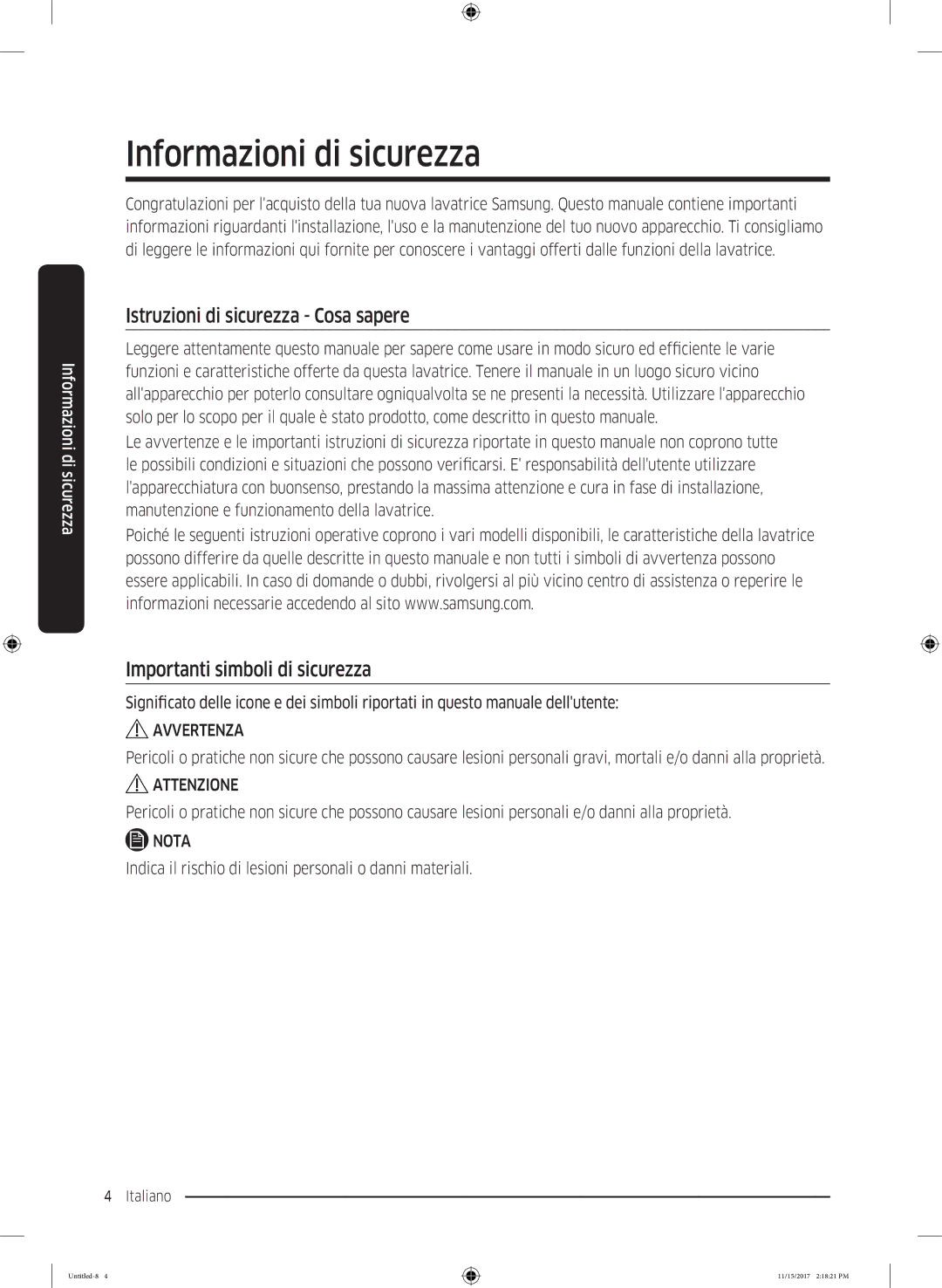 Samsung WW12K8402OW/WS Informazioni di sicurezza, Istruzioni di sicurezza Cosa sapere, Importanti simboli di sicurezza 