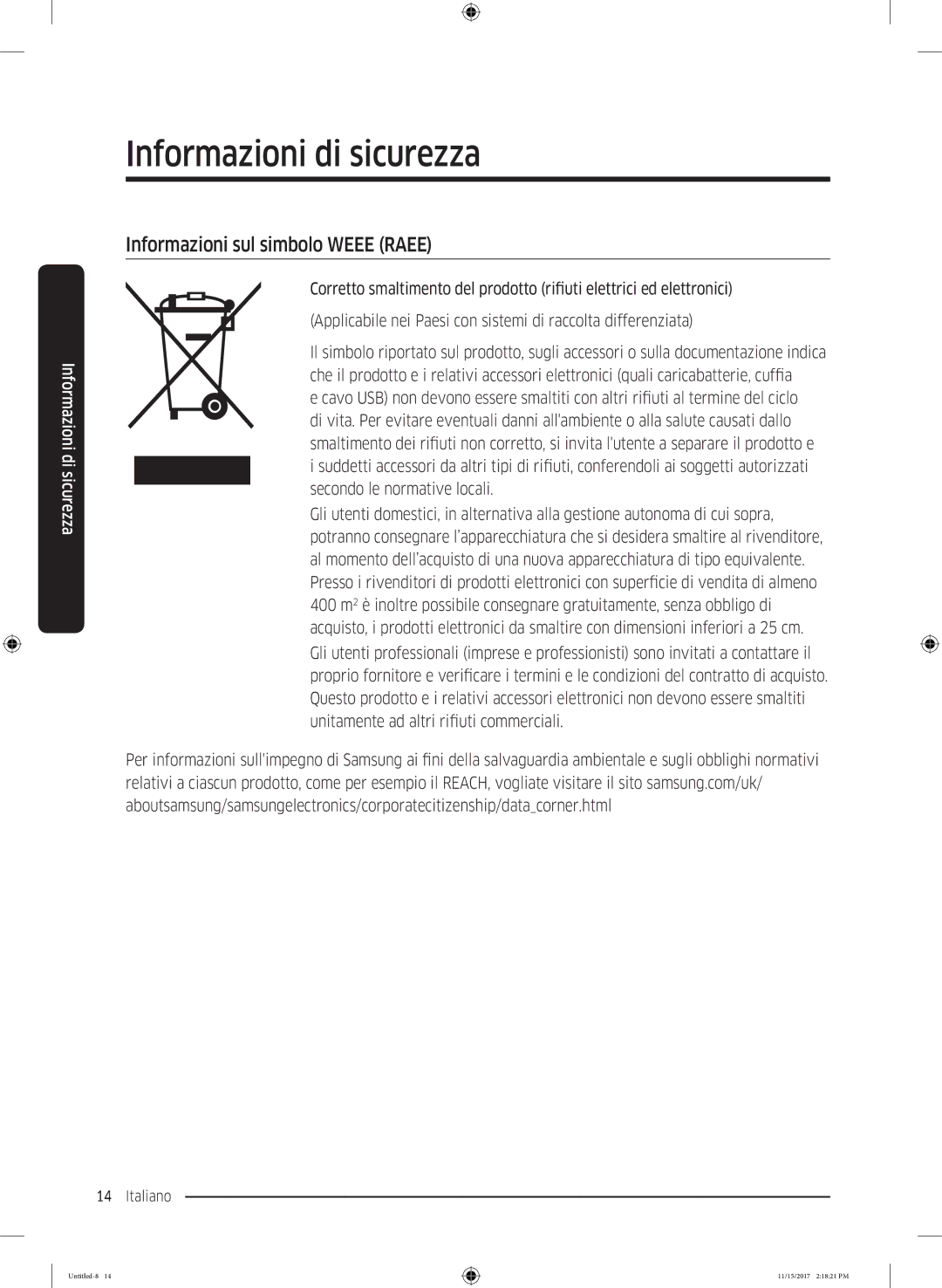 Samsung WW12K8402OW/WS manual Informazioni sul simbolo Weee Raee 