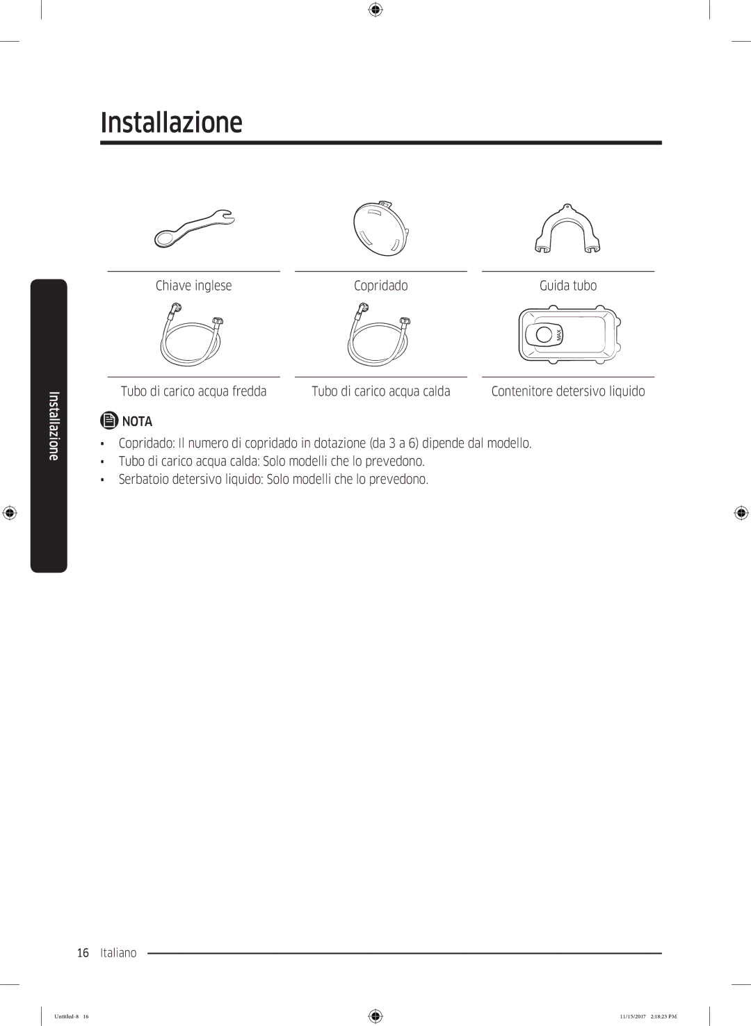 Samsung WW12K8402OW/WS manual Chiave inglese Copridado, Tubo di carico acqua fredda Tubo di carico acqua calda 