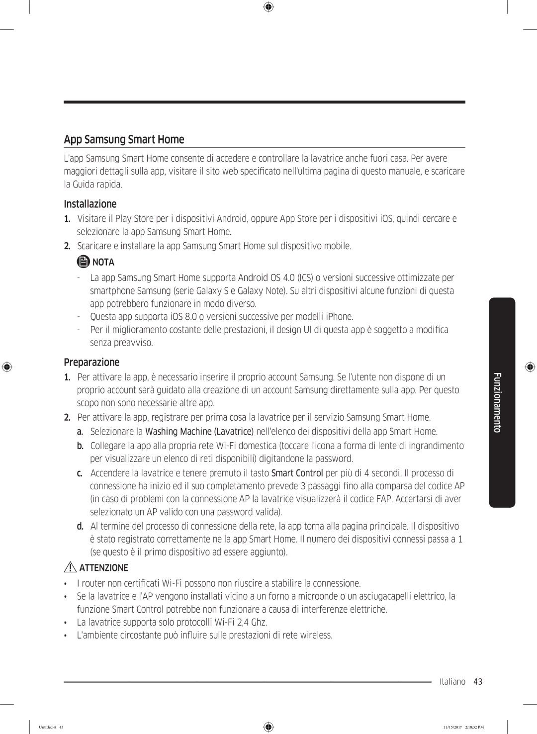 Samsung WW12K8402OW/WS manual App Samsung Smart Home, Preparazione 