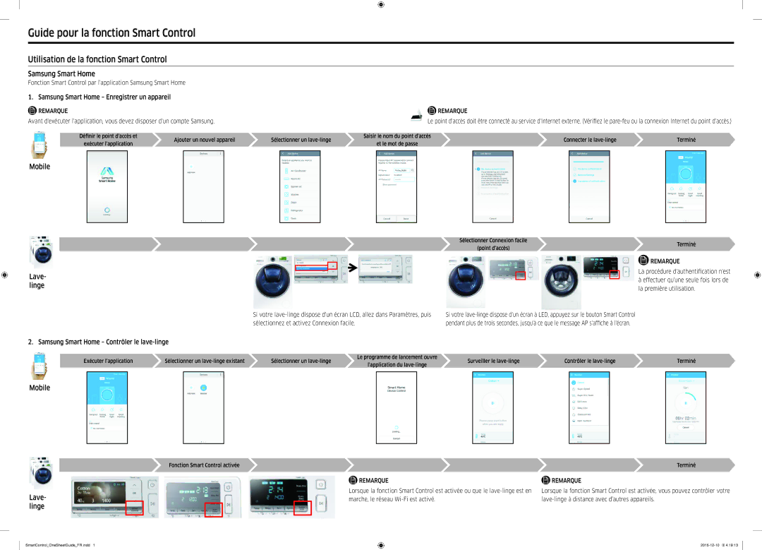 Samsung WW12K8402OW/WS Guide pour la fonction Smart Control, Utilisation de la fonction Smart Control, Mobile Lave- linge 