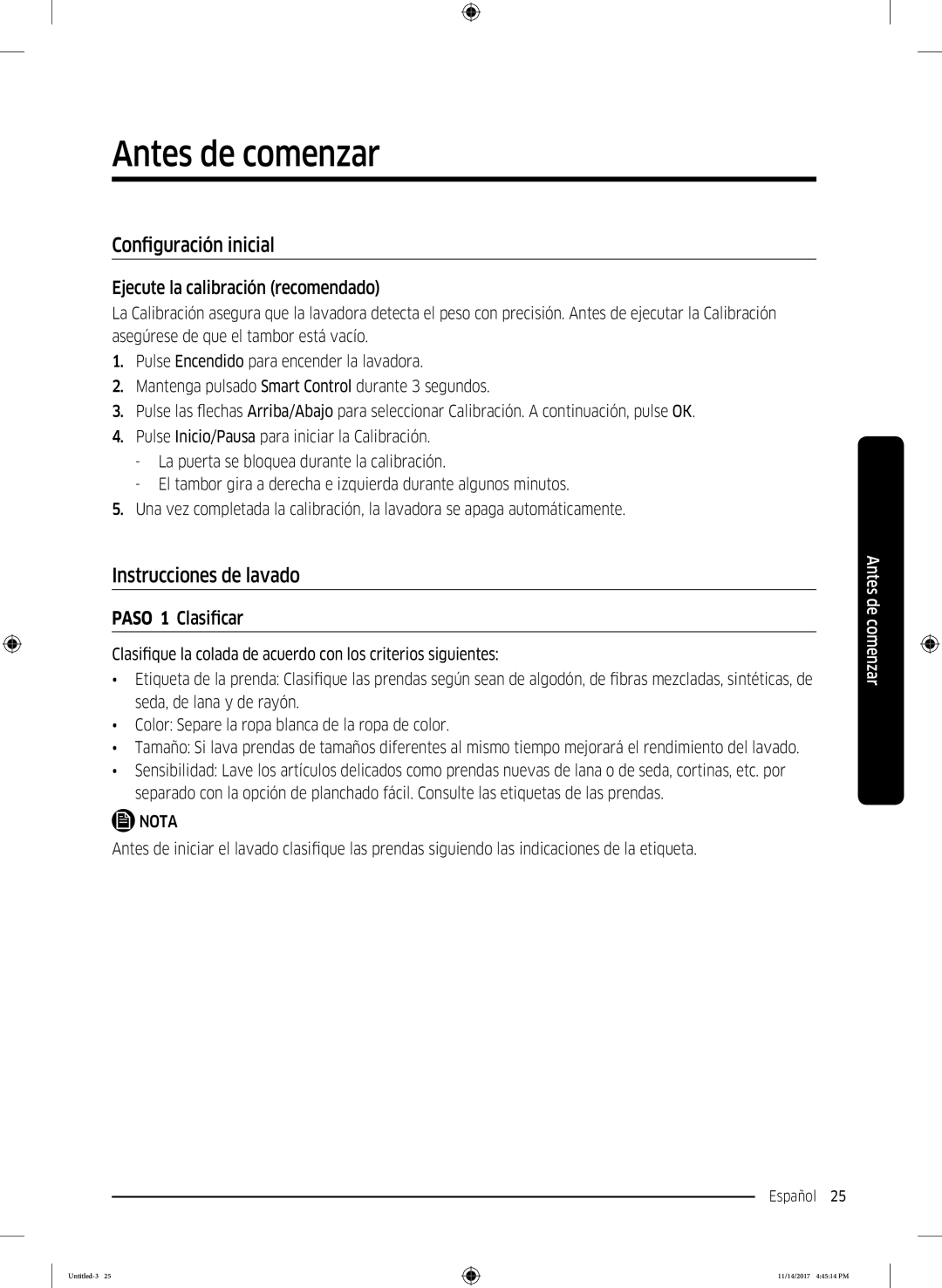 Samsung WW12K8412OW/EC manual Antes de comenzar, Configuración inicial, Instrucciones de lavado, Paso 1 Clasificar 