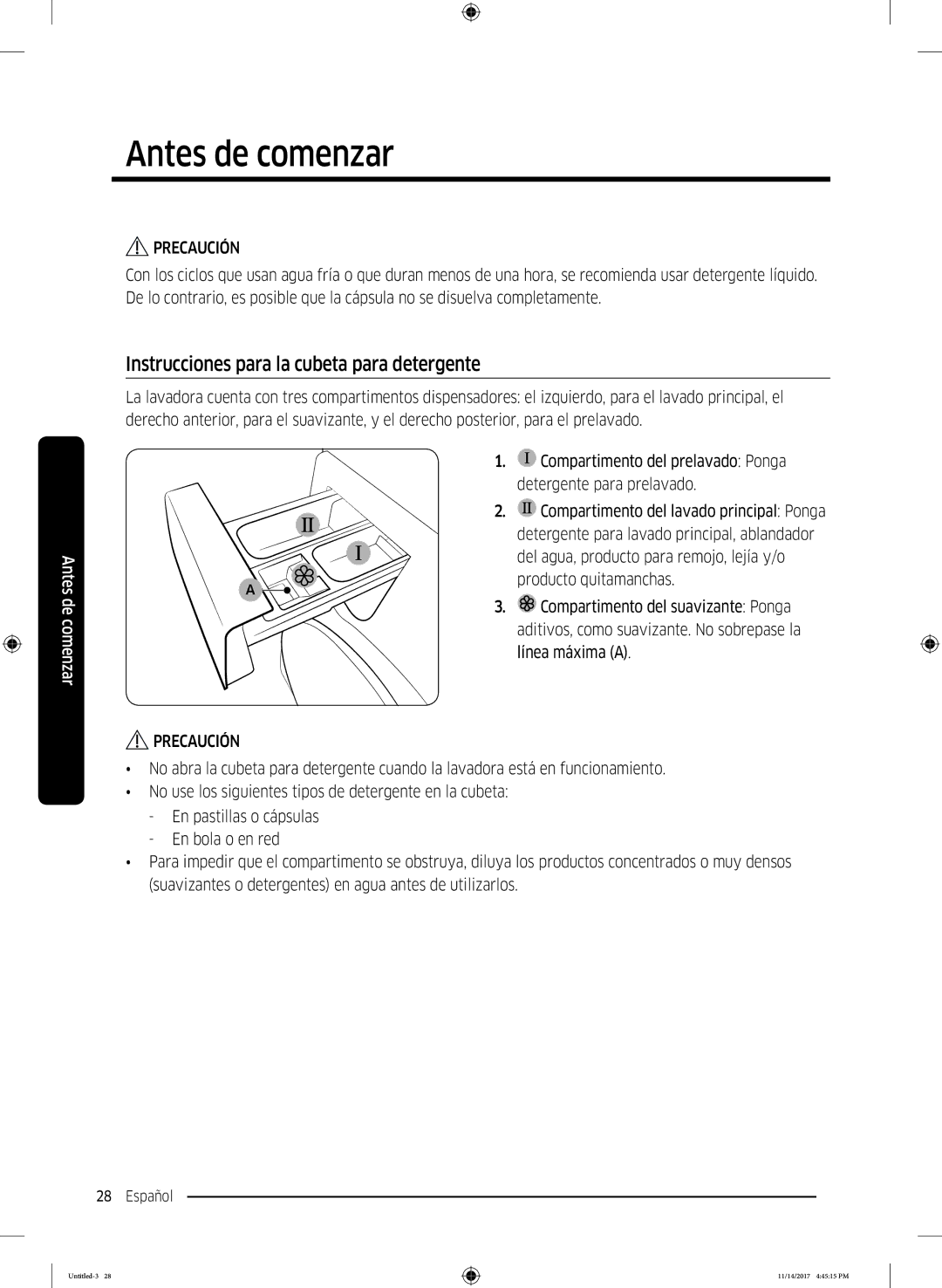 Samsung WW12K8412OW/EC manual Instrucciones para la cubeta para detergente 