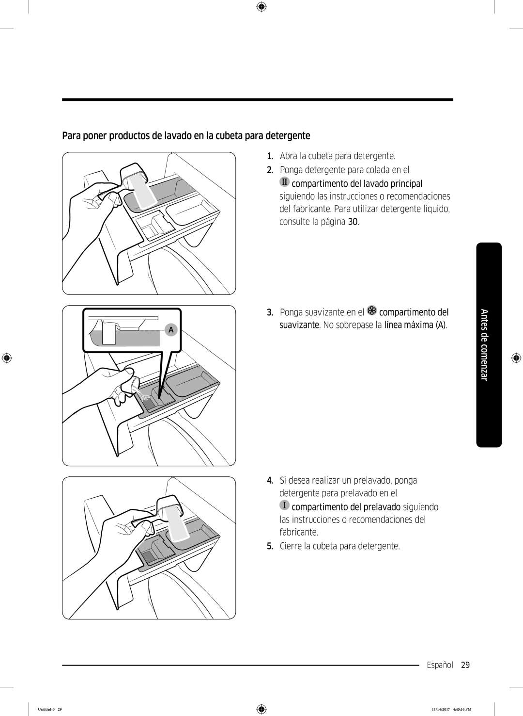 Samsung WW12K8412OW/EC manual Para poner productos de lavado en la cubeta para detergente 