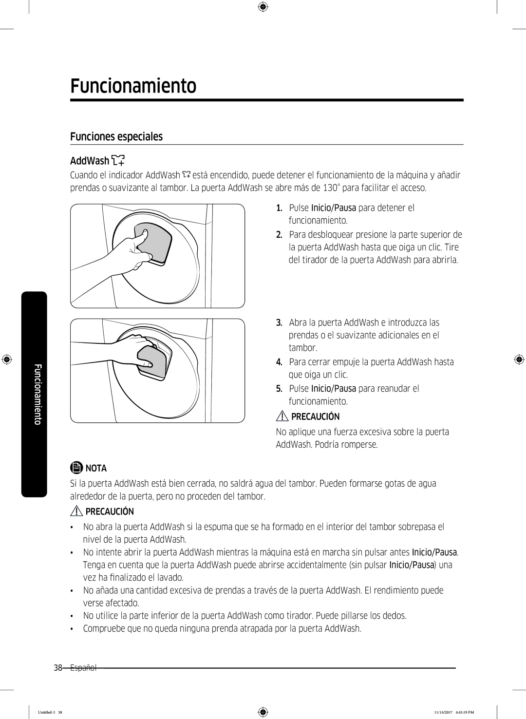 Samsung WW12K8412OW/EC manual Funciones especiales, AddWash 