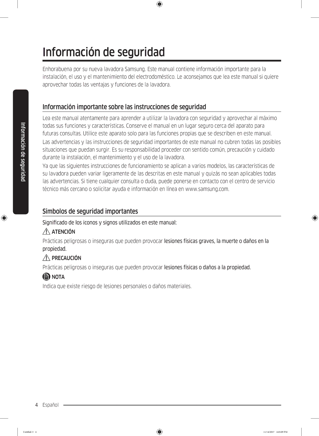 Samsung WW12K8412OW/EC manual Información de seguridad, Información importante sobre las instrucciones de seguridad 