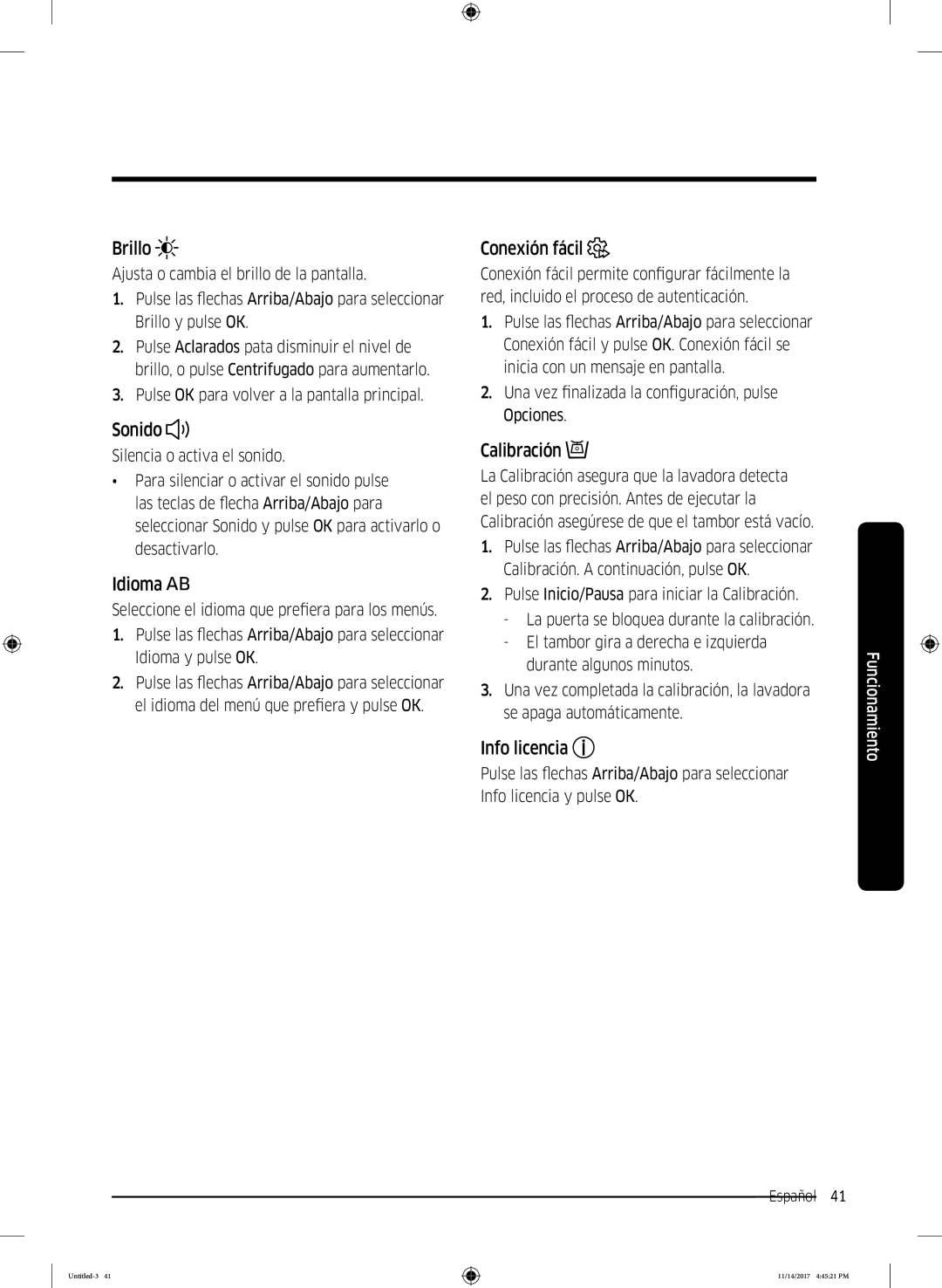 Samsung WW12K8412OW/EC manual Brillo, Sonido, Idioma, Conexión fácil, Calibración, Info licencia 