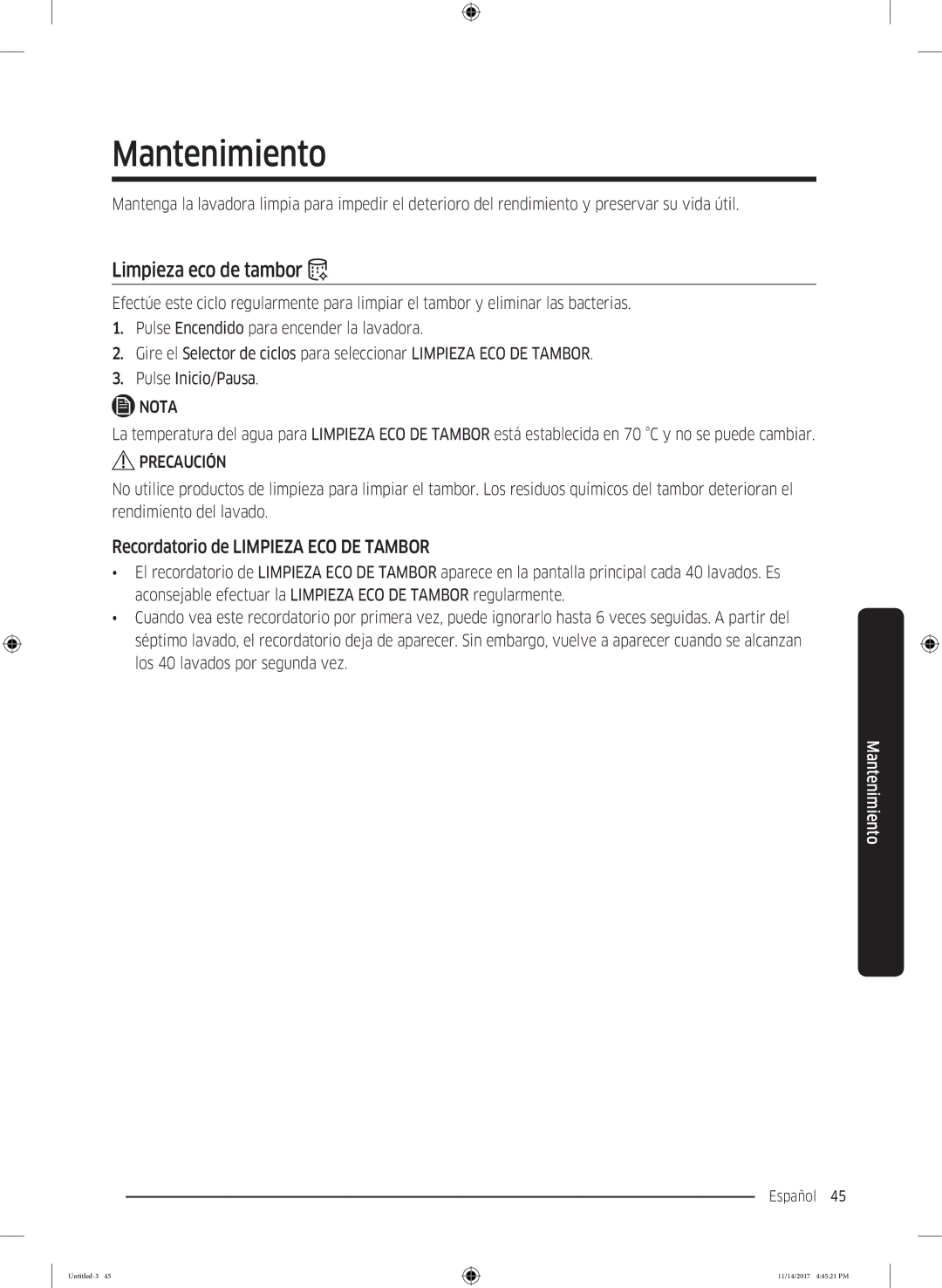 Samsung WW12K8412OW/EC manual Mantenimiento, Limpieza eco de tambor, Recordatorio de Limpieza ECO DE Tambor 