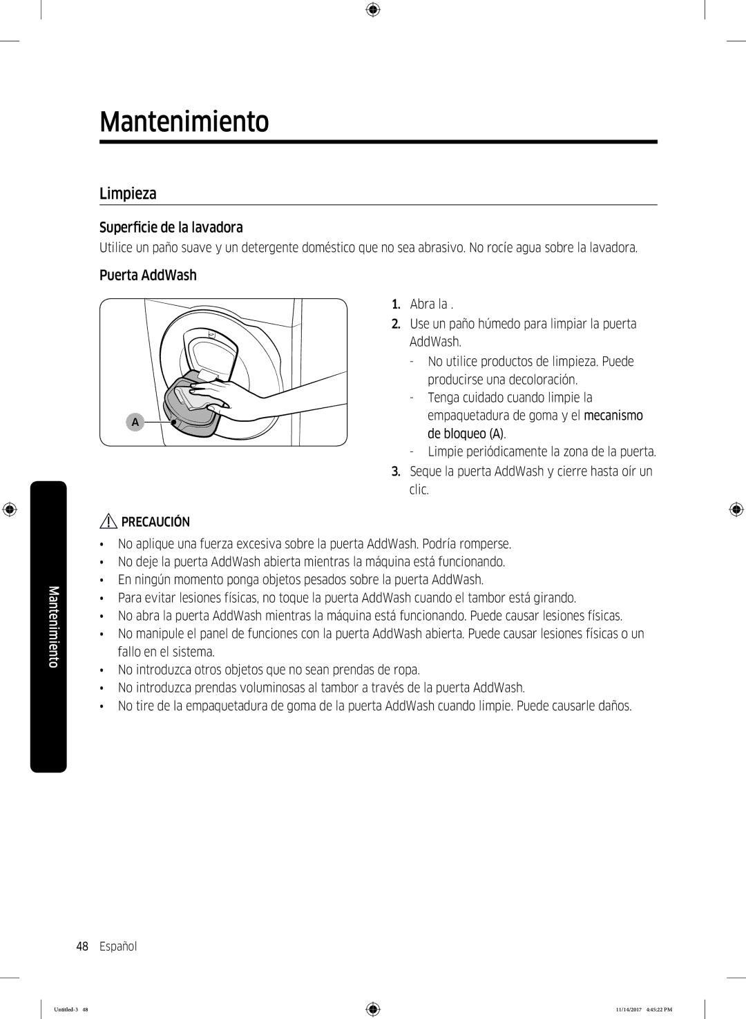 Samsung WW12K8412OW/EC manual Limpieza, Superficie de la lavadora, Puerta AddWash 