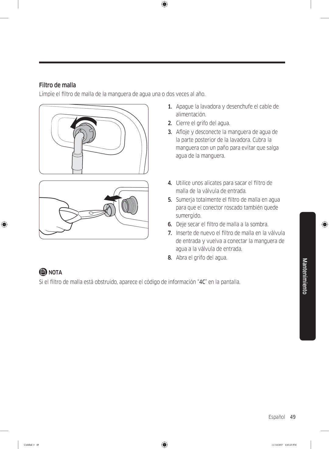 Samsung WW12K8412OW/EC manual Filtro de malla 