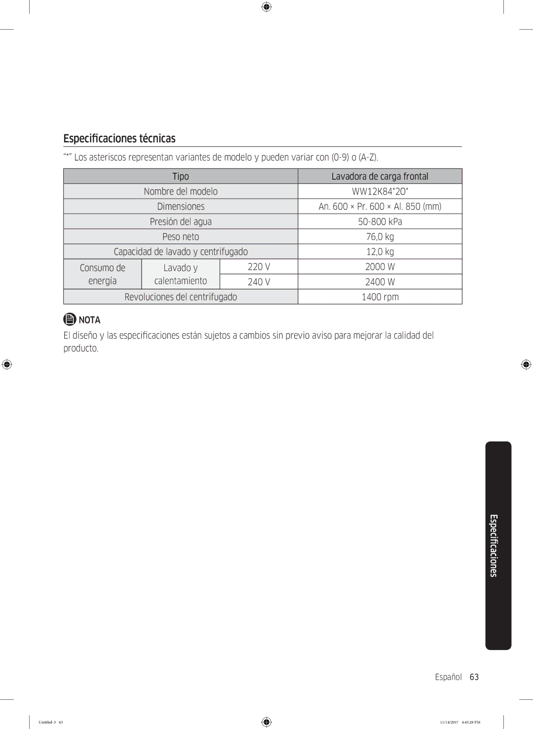 Samsung WW12K8412OW/EC manual Especificaciones técnicas 