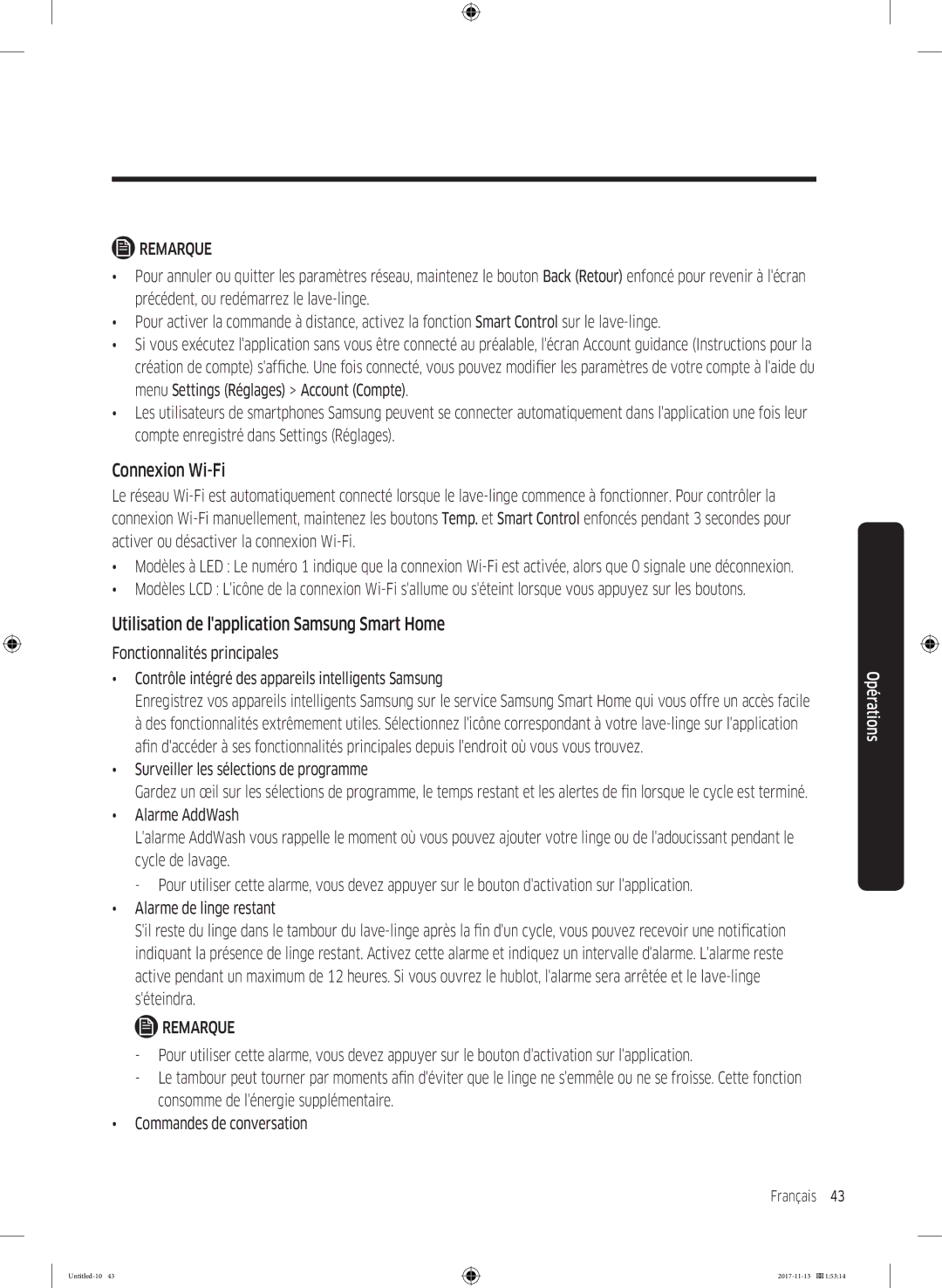 Samsung WW12K8412OW/EF manual Connexion Wi-Fi, Utilisation de lapplication Samsung Smart Home 