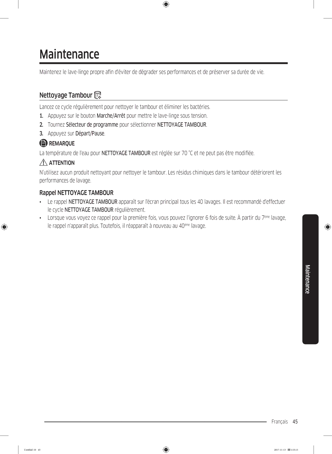 Samsung WW12K8412OW/EF manual Maintenance, Rappel Nettoyage Tambour 