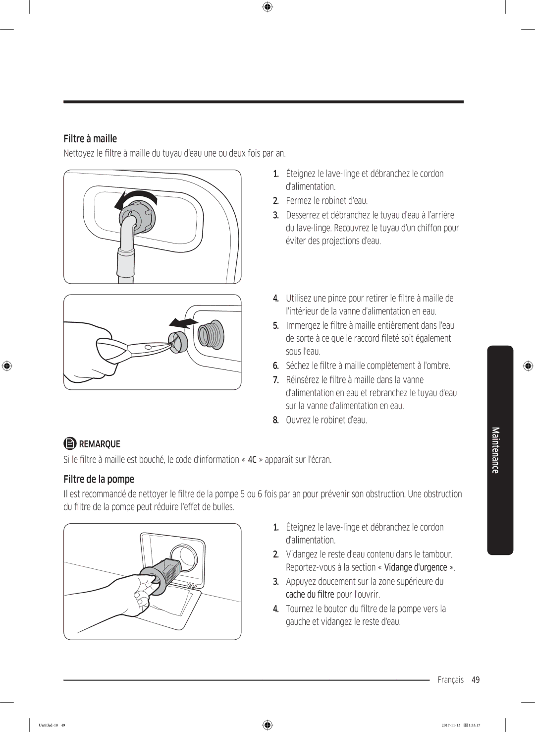 Samsung WW12K8412OW/EF manual Filtre à maille, Filtre de la pompe, Ouvrez le robinet deau 