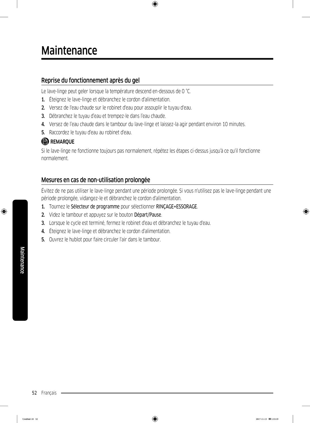 Samsung WW12K8412OW/EF manual Reprise du fonctionnement après du gel, Mesures en cas de non-utilisation prolongée 