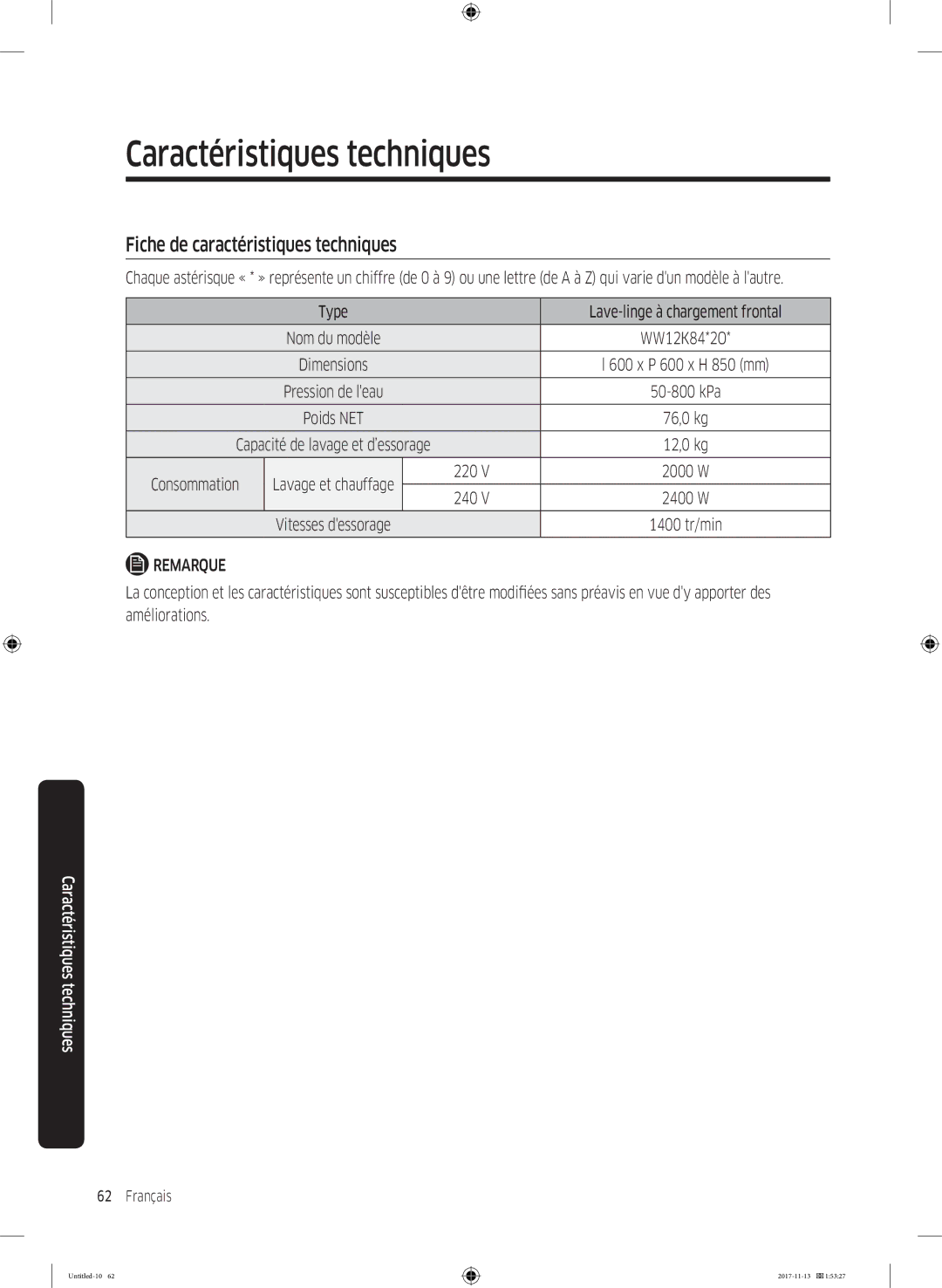 Samsung WW12K8412OW/EF manual Fiche de caractéristiques techniques, Consommation, 220, 240 