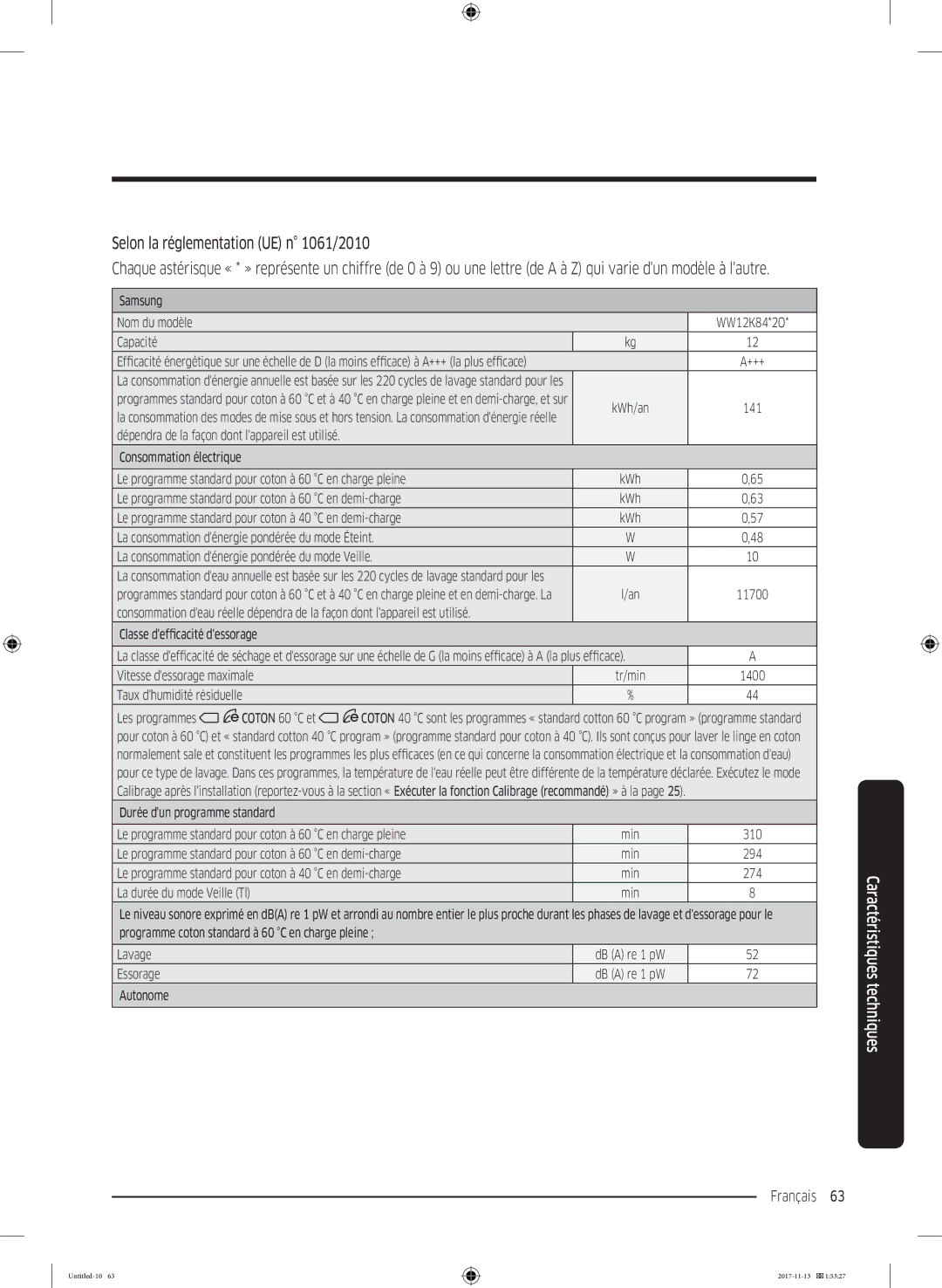 Samsung WW12K8412OW/EF manual Selon la réglementation UE n 1061/2010, +++ la plus efficace 