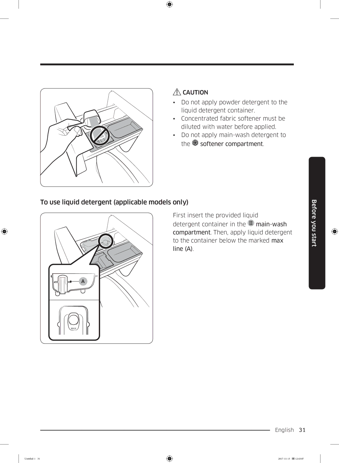 Samsung WW12K8412OW/EU manual To use liquid detergent applicable models only 