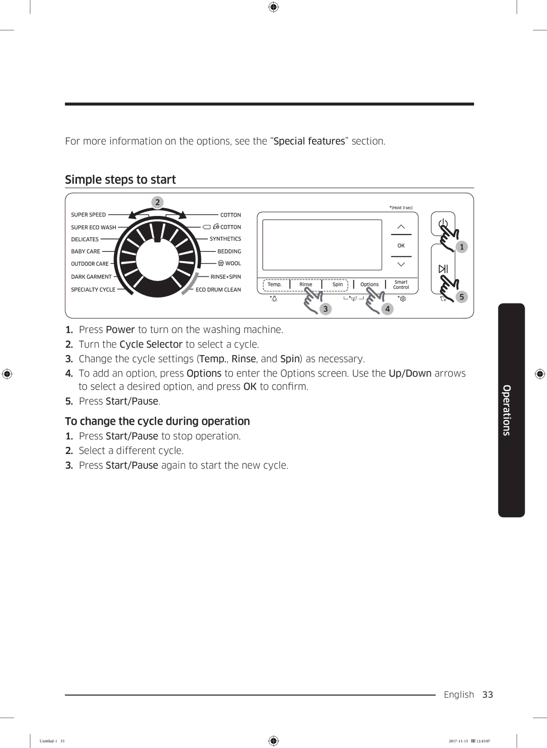 Samsung WW12K8412OW/EU manual Simple steps to start, To change the cycle during operation 