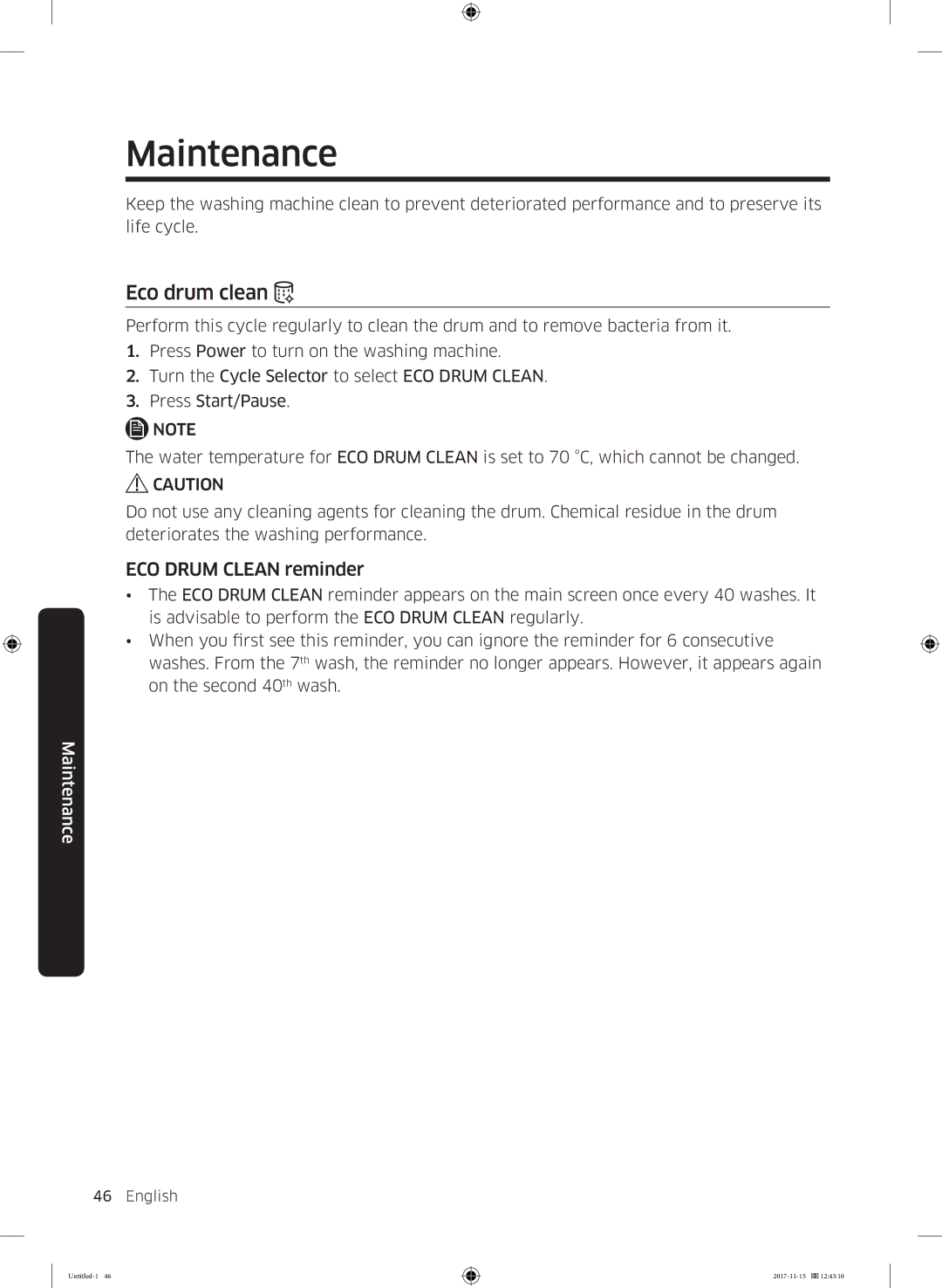 Samsung WW12K8412OW/EU manual Maintenance, Eco drum clean, ECO Drum Clean reminder 