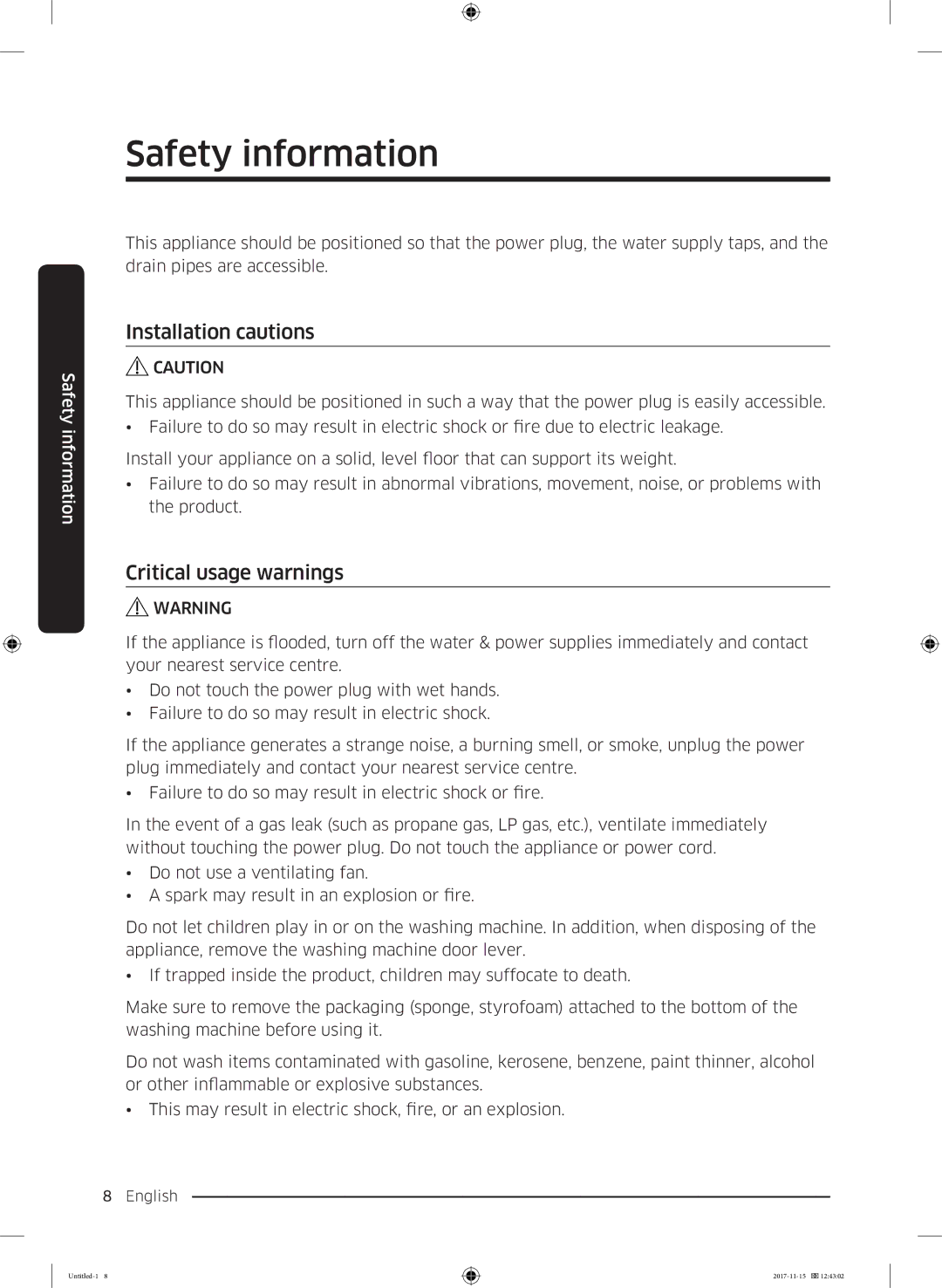 Samsung WW12K8412OW/EU manual Installation cautions, Critical usage warnings 