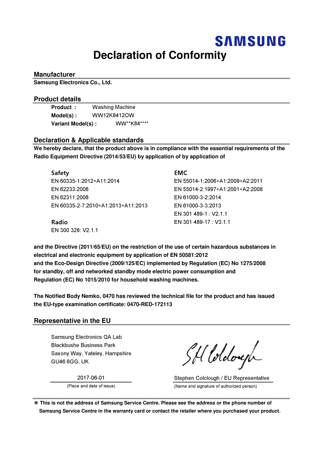 Samsung WW12K8402OW/WS manual Declaration of Conformity, Manufacturer Product details, Declaration & Applicable standards 