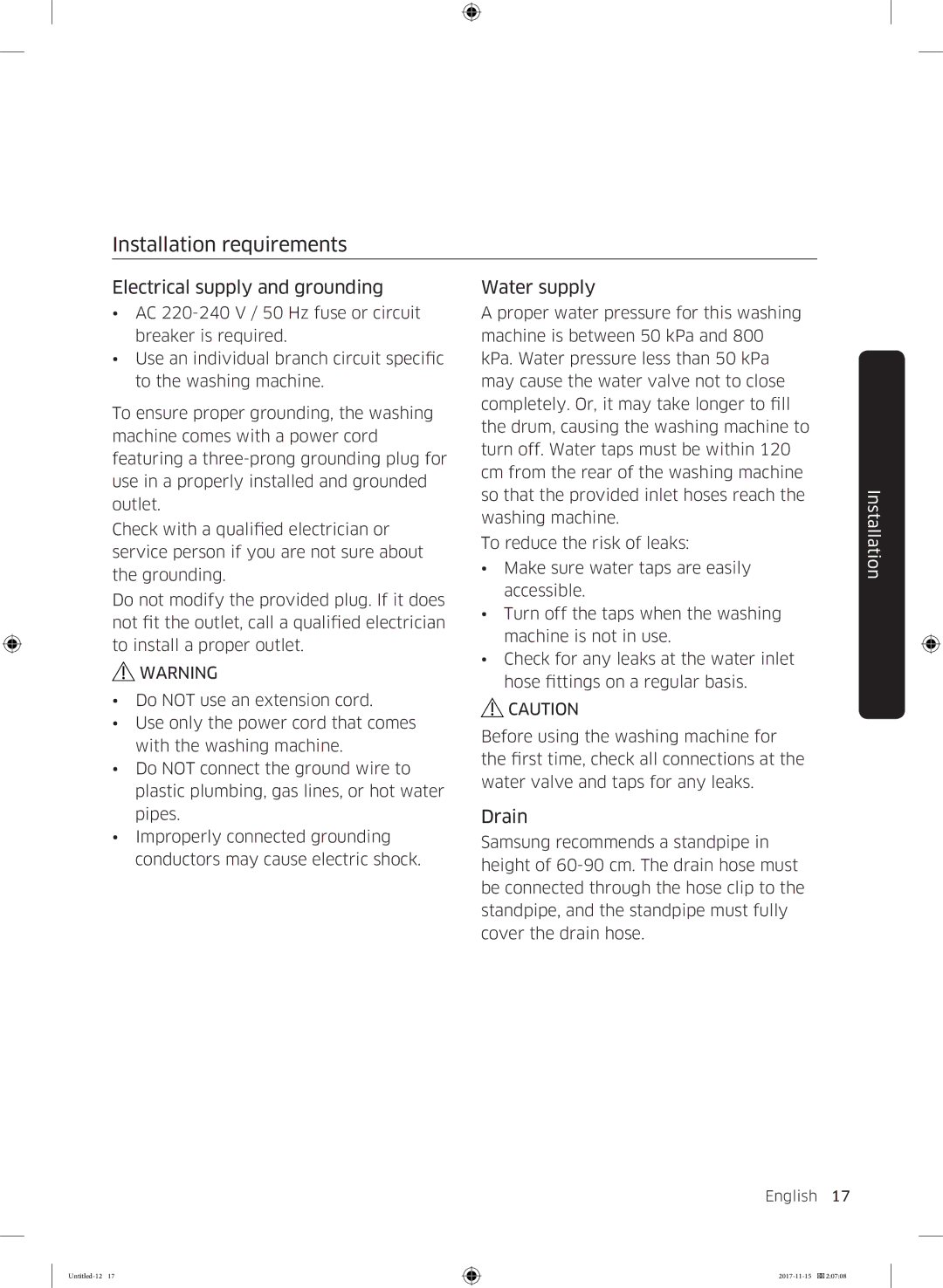 Samsung WW12K8412OW/LP, WW12K8412OX/LP Installation requirements, Electrical supply and grounding, Water supply, Drain 