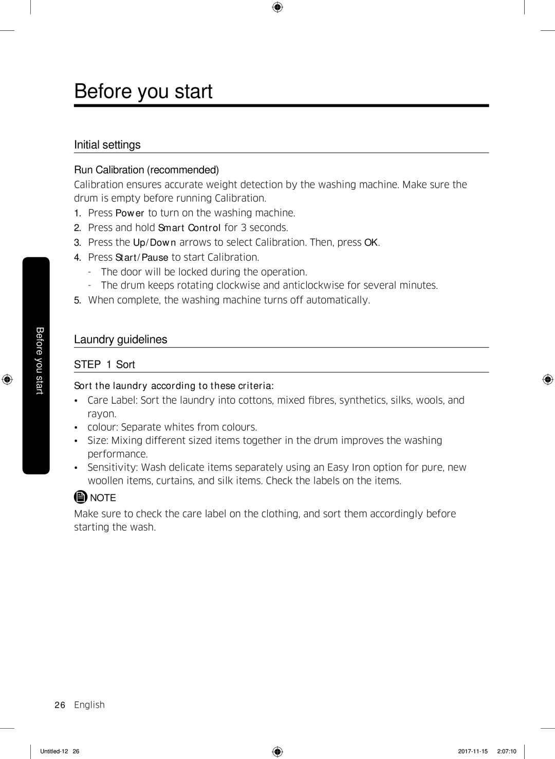 Samsung WW12K8412OX/LP, WW12K8412OW/LP Before you start, Initial settings, Laundry guidelines, Run Calibration recommended 