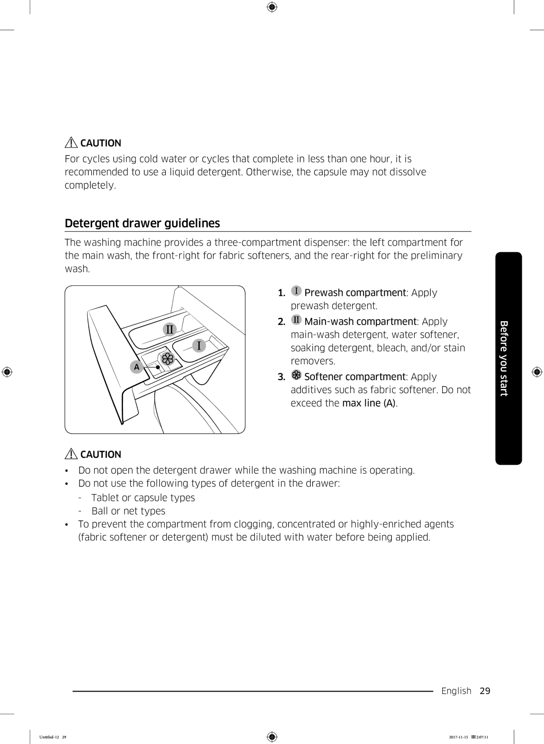 Samsung WW12K8412OW/LP, WW12K8412OX/LP manual Detergent drawer guidelines 