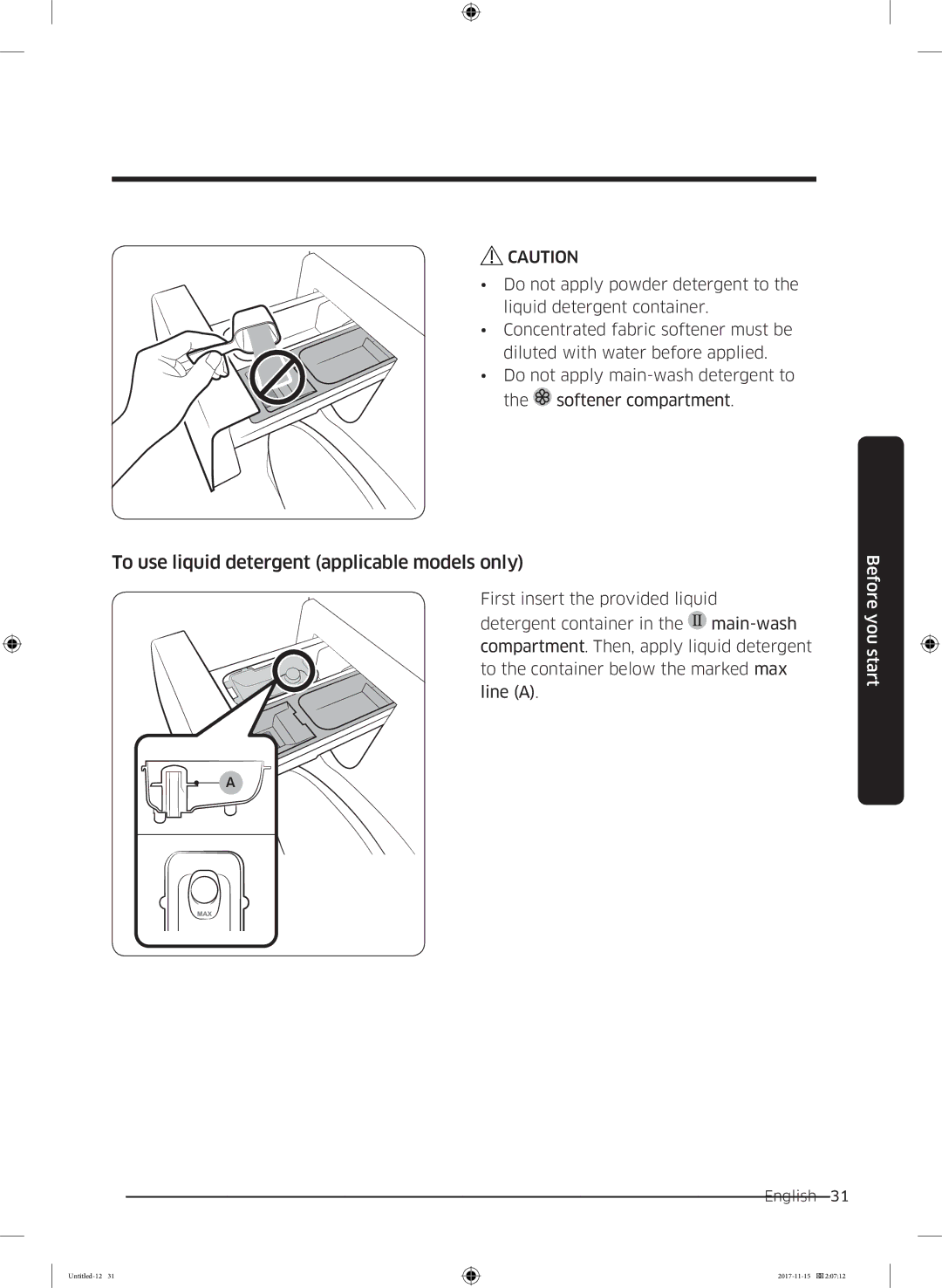 Samsung WW12K8412OW/LP, WW12K8412OX/LP manual To use liquid detergent applicable models only 