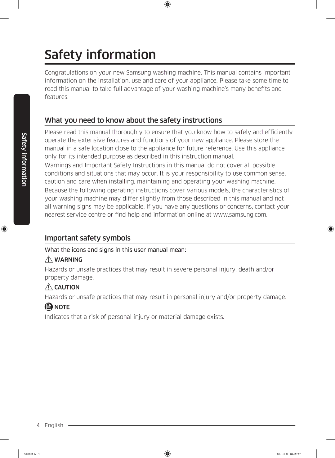 Samsung WW12K8412OX/LP, WW12K8412OW/LP manual Safety information 