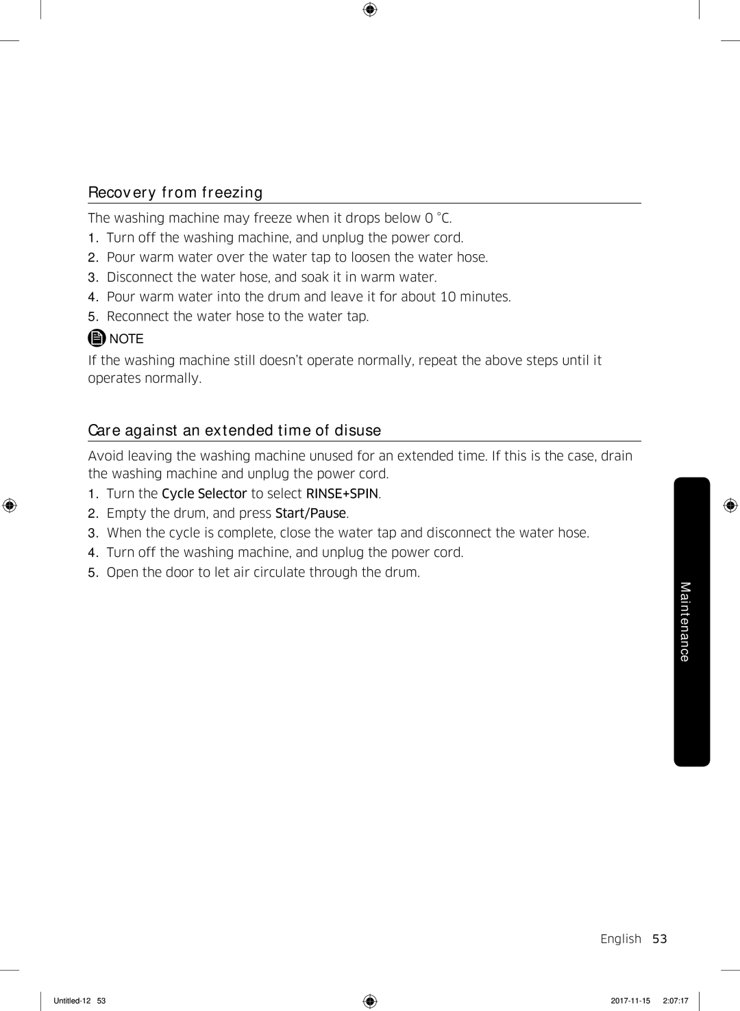 Samsung WW12K8412OW/LP, WW12K8412OX/LP manual Recovery from freezing, Care against an extended time of disuse 